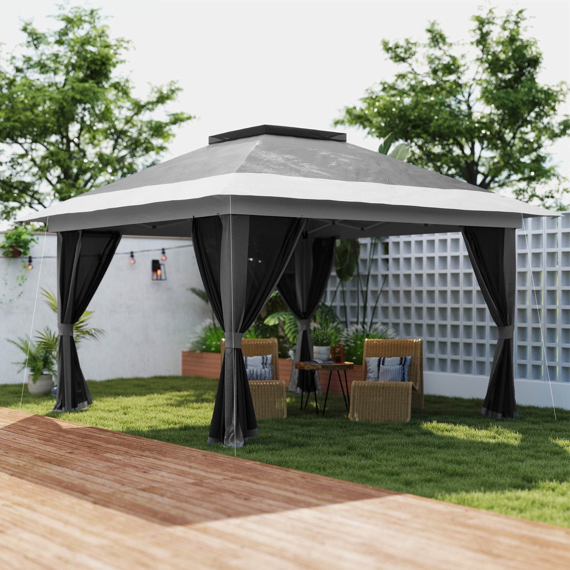 Outsunny 11.7' x 11.7' Pop Up Canopy Tent with Netting, UPF50+ Instant Party Tent Gazebo, Height Adjustable, with Wheeled Carry Bag and Sand Bags for Outdoor, Garden, Patio