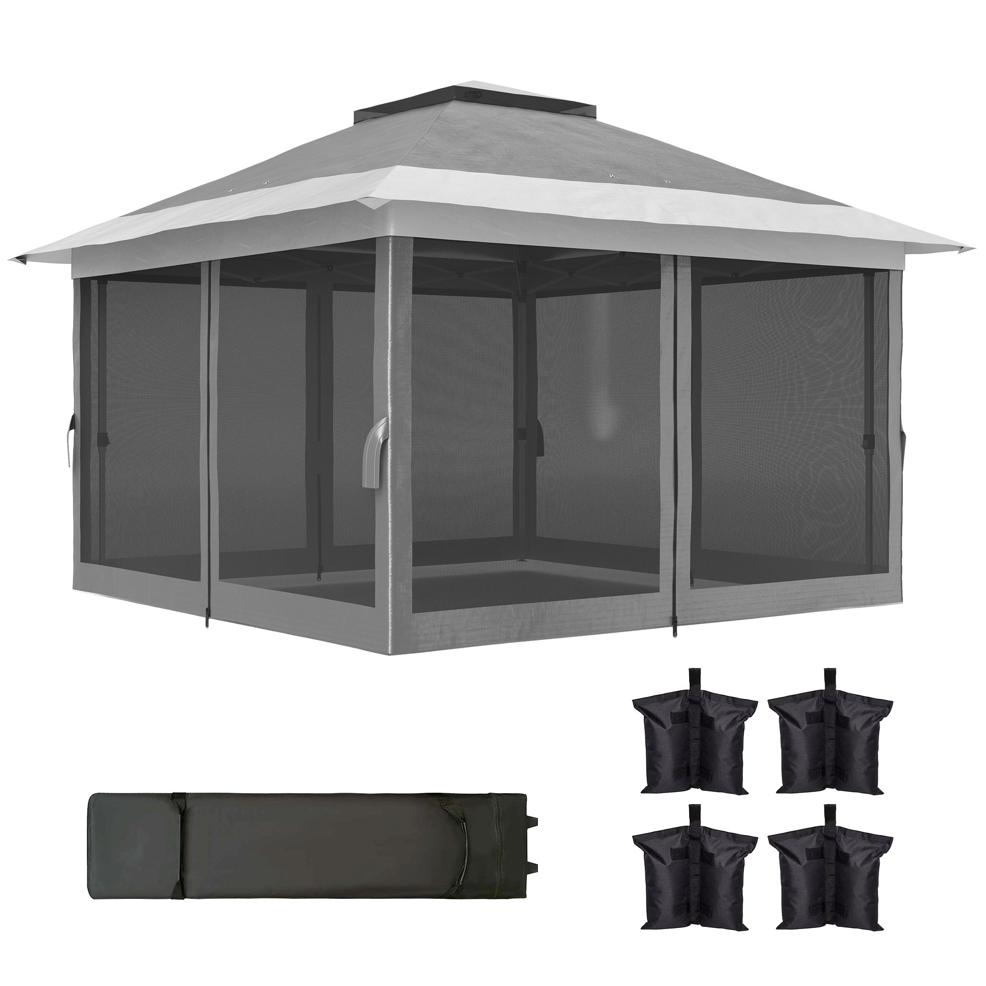 Outsunny 11.7' x 11.7' Pop Up Canopy Tent with Netting, UPF50+ Instant Party Tent Gazebo, Height Adjustable, with Wheeled Carry Bag and Sand Bags for Outdoor, Garden, Patio