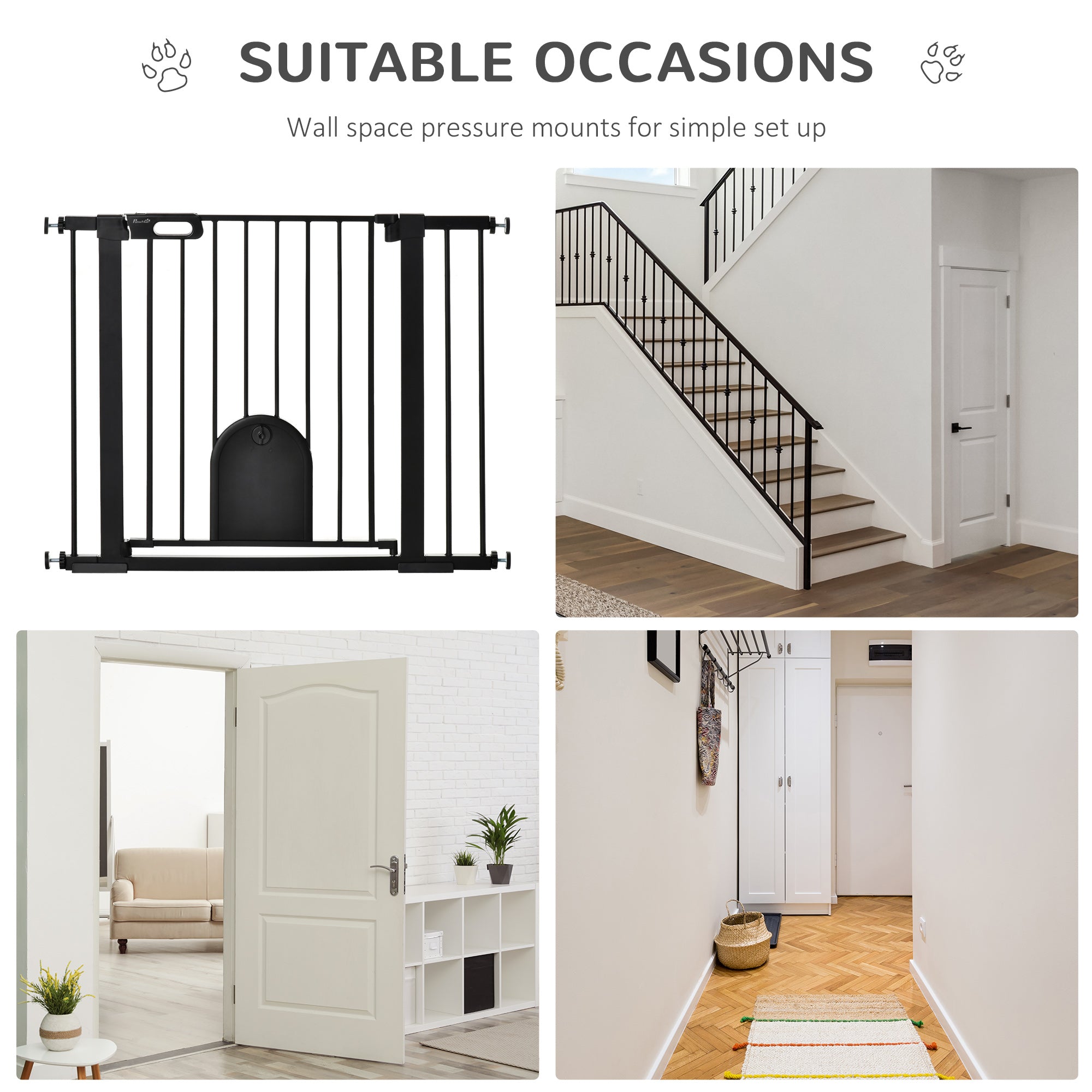 PawHut 30"-41" Extra Wide Pet Gate with Small Door, 30"H Dog Gate with Safety Gate Barrier, Stair Pressure Fit, Auto Close, Double Locking, for Doorways, Hallways, Black