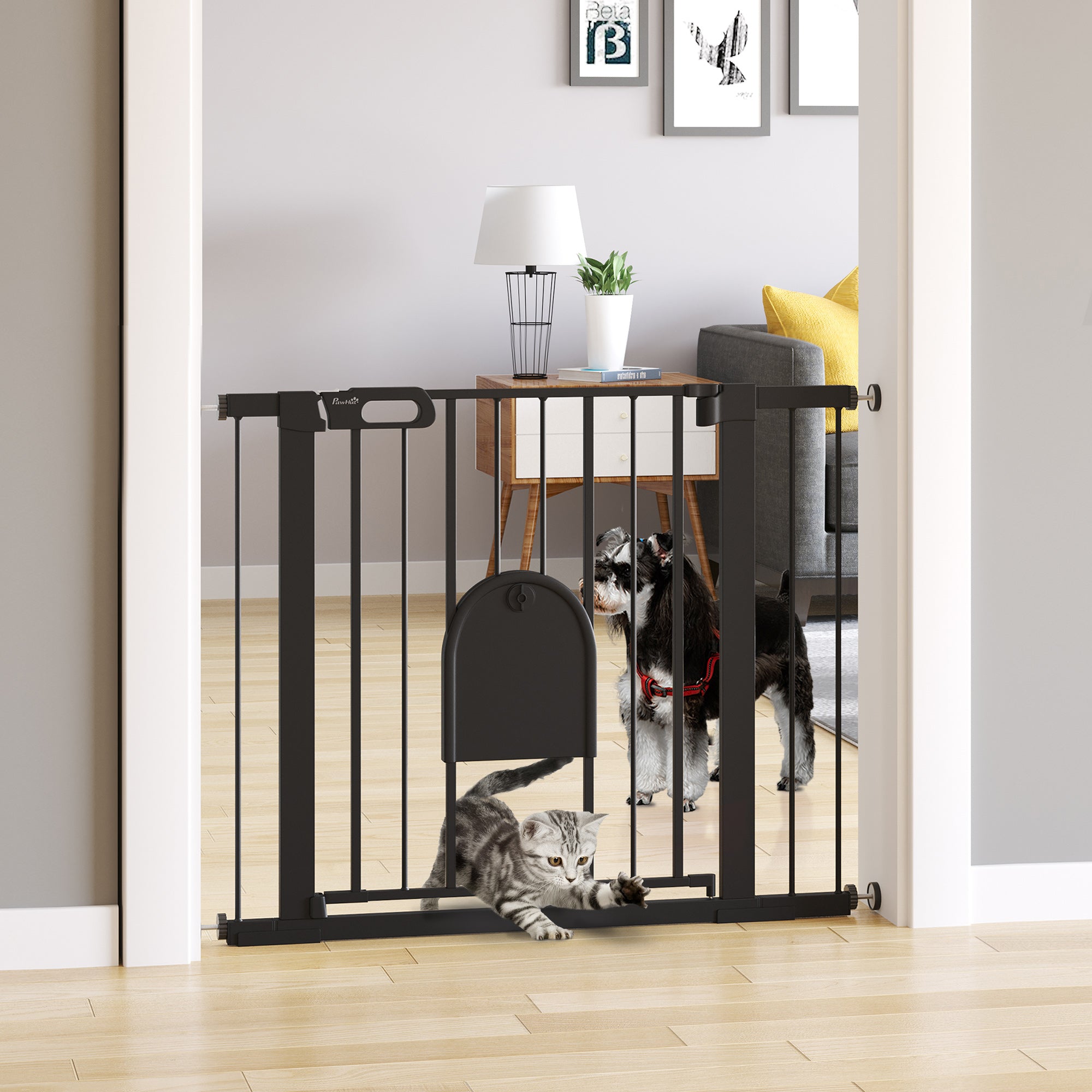 PawHut 30"-41" Extra Wide Pet Gate with Small Door, 30"H Dog Gate with Safety Gate Barrier, Stair Pressure Fit, Auto Close, Double Locking, for Doorways, Hallways, Black