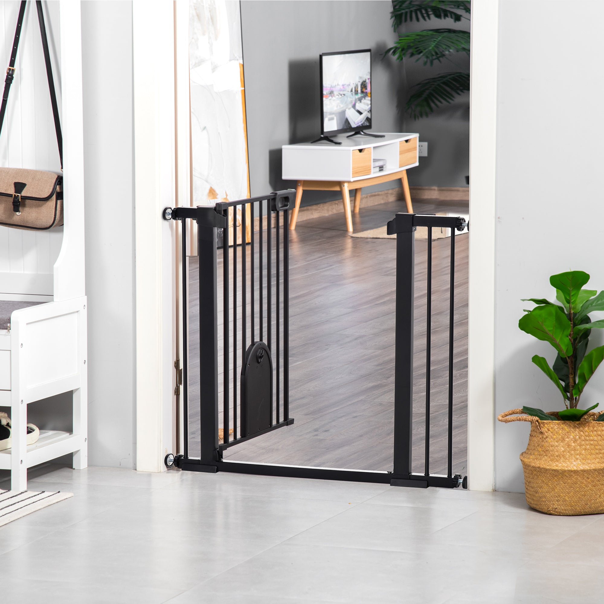 PawHut Dog Gate with Cat Flap Pet Safety Gate Barrier, Stair Pressure Fit, Auto Close, Double Locking, for Doorways, Hallways, 75-103 cm Black