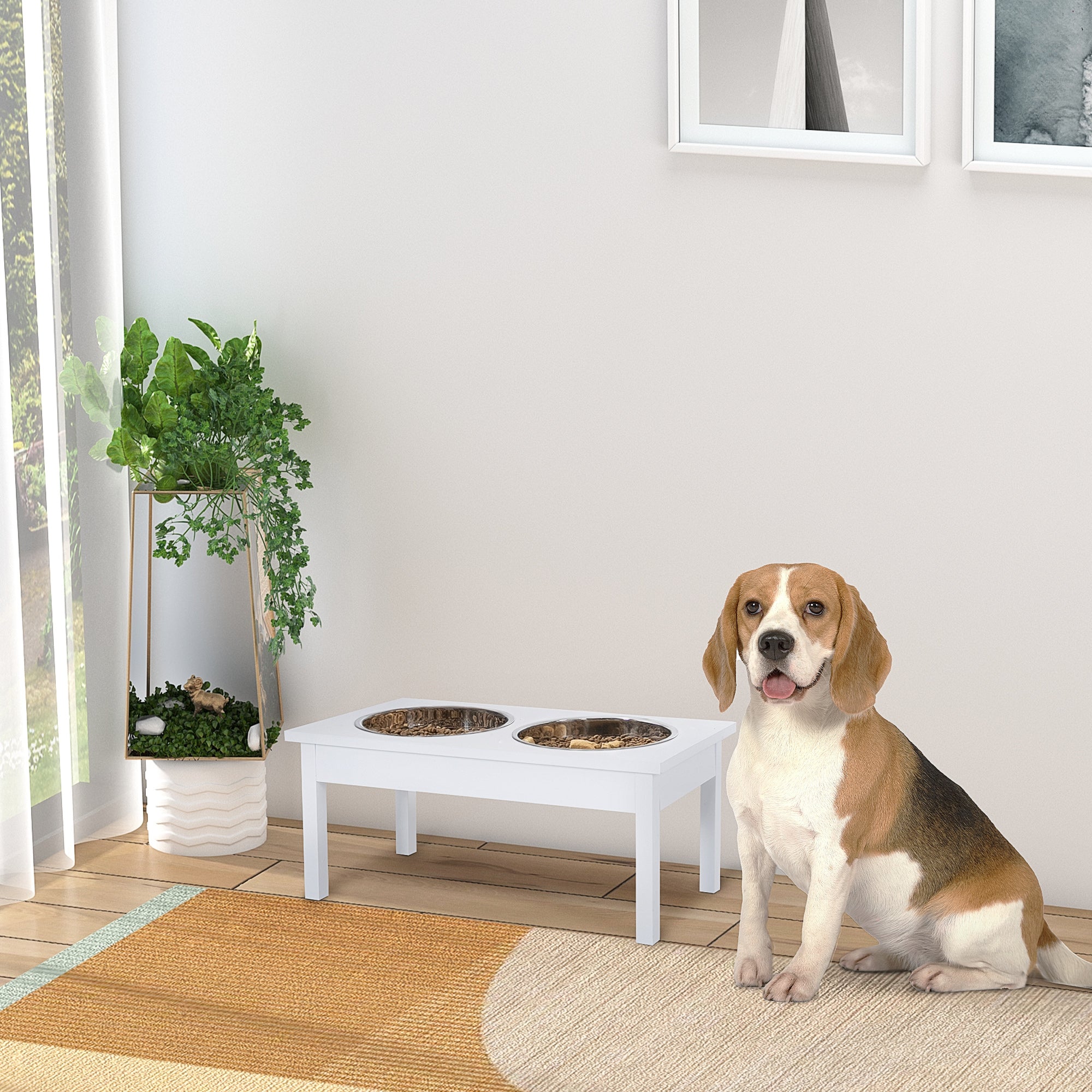 PawHut 23" Wooden Heavy Duty Dog Food Bowls Pet Elevated Feeding Station -White