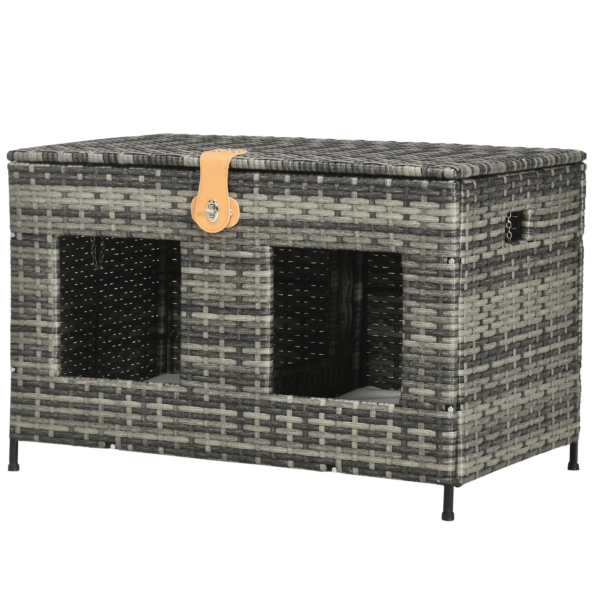 PawHut Rattan Cat Bed with Removable Divider, Double-Room Wicker Cat Bed for Indoor Cats, Pet Furniture for 2 Cats, Cushions, Outdoor Indoor Use, Gray