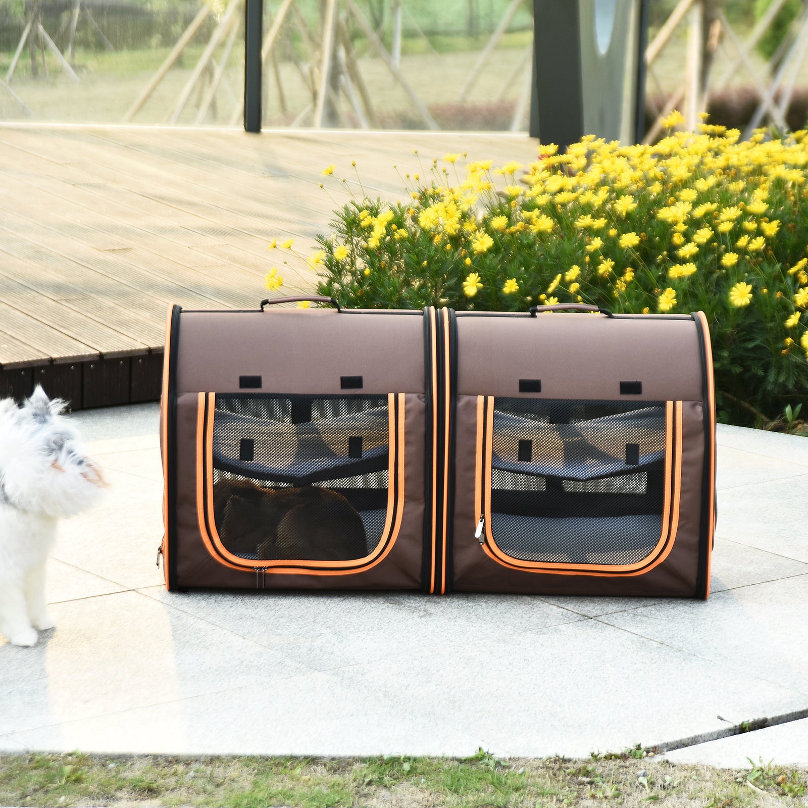 PawHut 39" Portable Soft-Sided Pet Cat Carrier with Divider, 2 Compartments, Soft Cushions, & Storage Bag,  Dark Gray