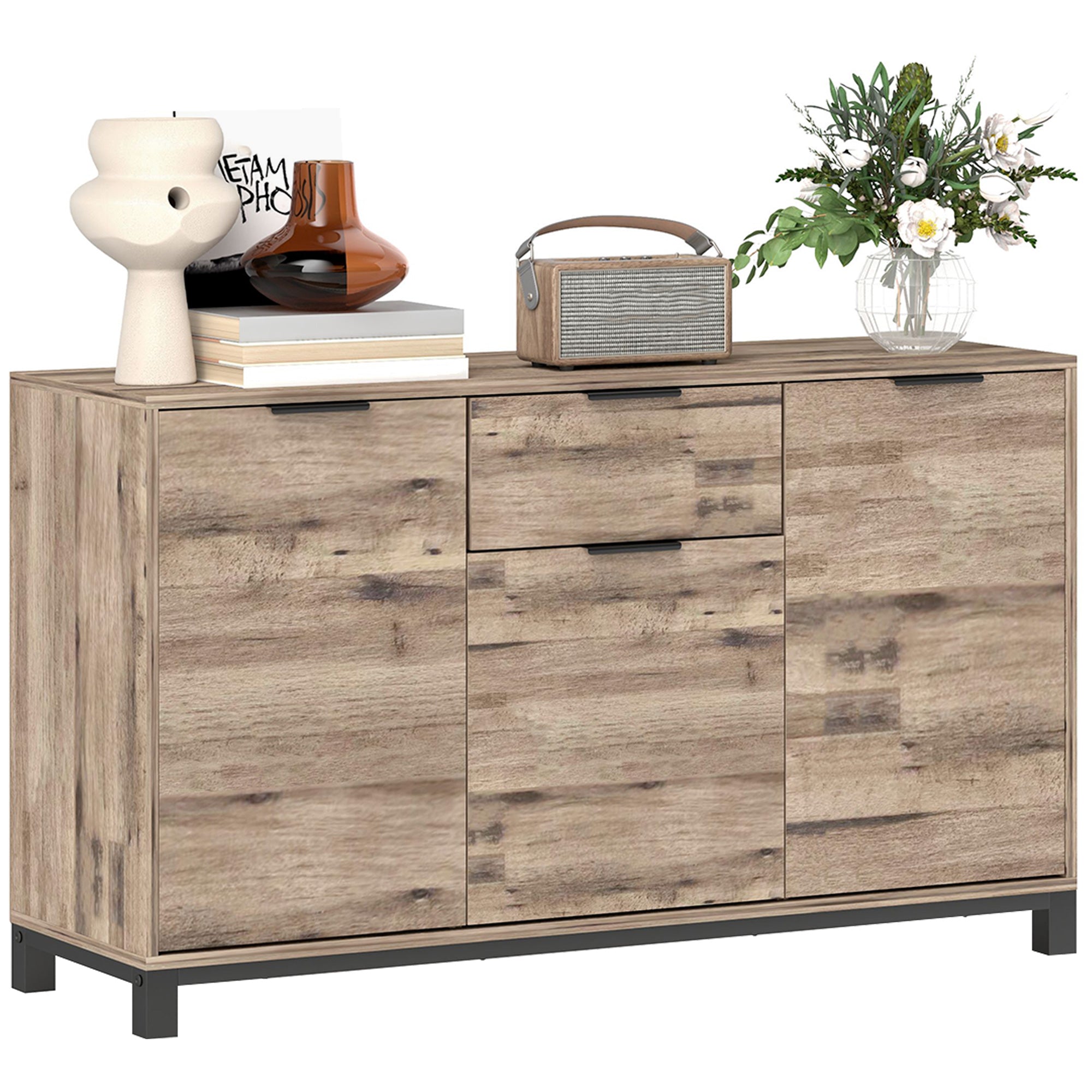 HOMCOM Industrial Sideboard Buffet Cabinet with Storage, 47" Coffee Bar Cabinet with 3 Doors, Drawer and 2 Adjustable Shelves, Living Room Cabinet, Brown Wood Grain