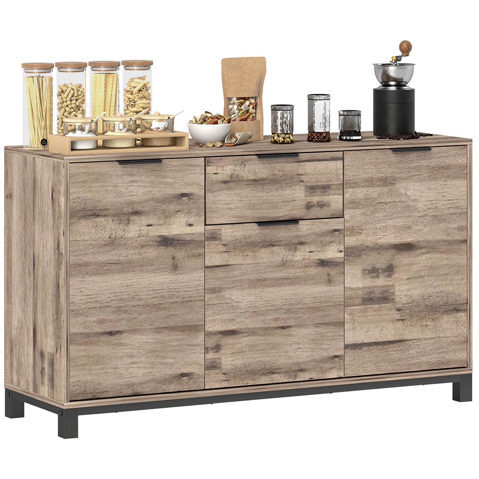 HOMCOM Industrial Sideboard Buffet Cabinet with Storage, 47" Coffee Bar Cabinet with 3 Doors, Drawer and 2 Adjustable Shelves, Living Room Cabinet, Brown Wood Grain