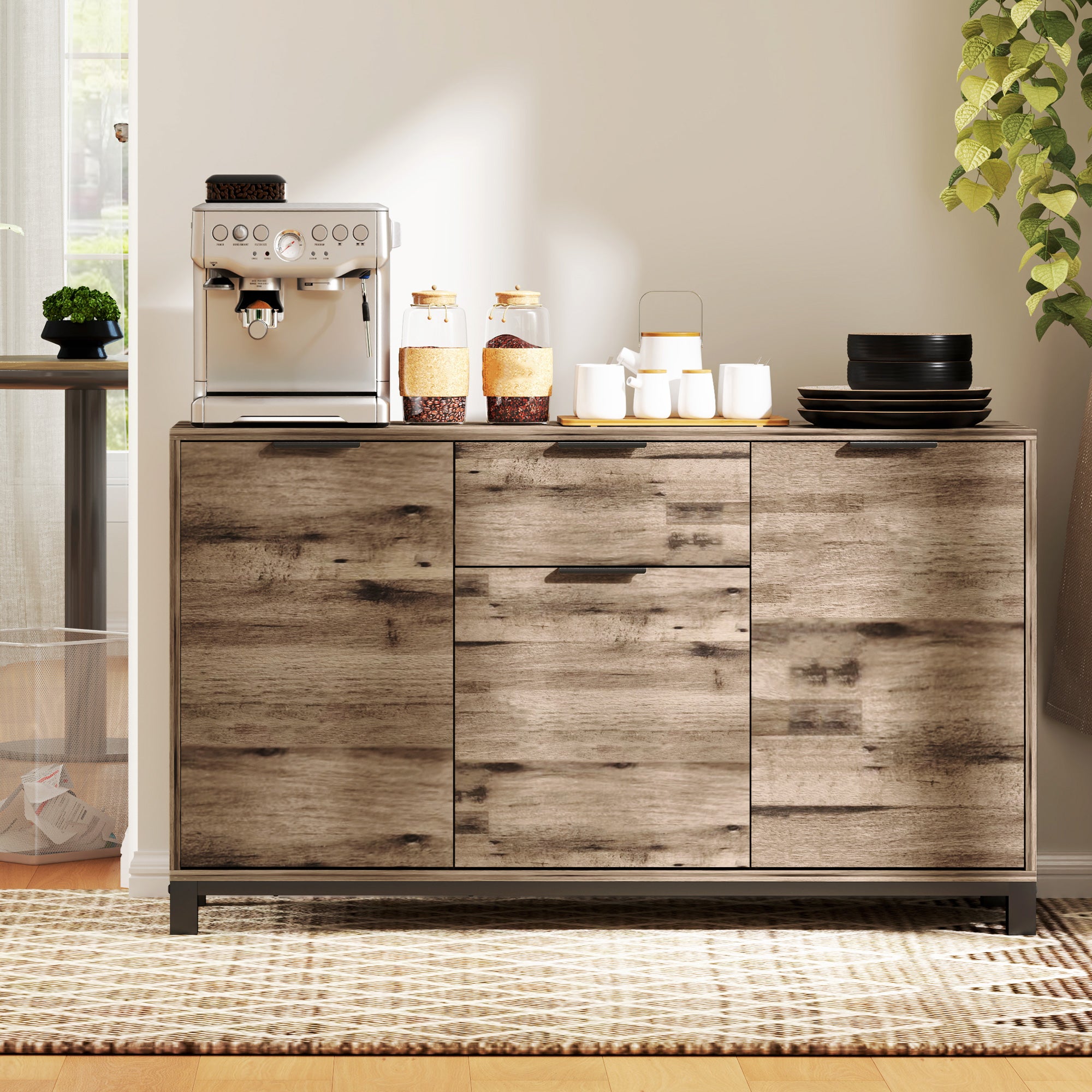 HOMCOM Industrial Sideboard Buffet Cabinet with Storage, 47" Coffee Bar Cabinet with 3 Doors, Drawer and 2 Adjustable Shelves, Living Room Cabinet, Brown Wood Grain