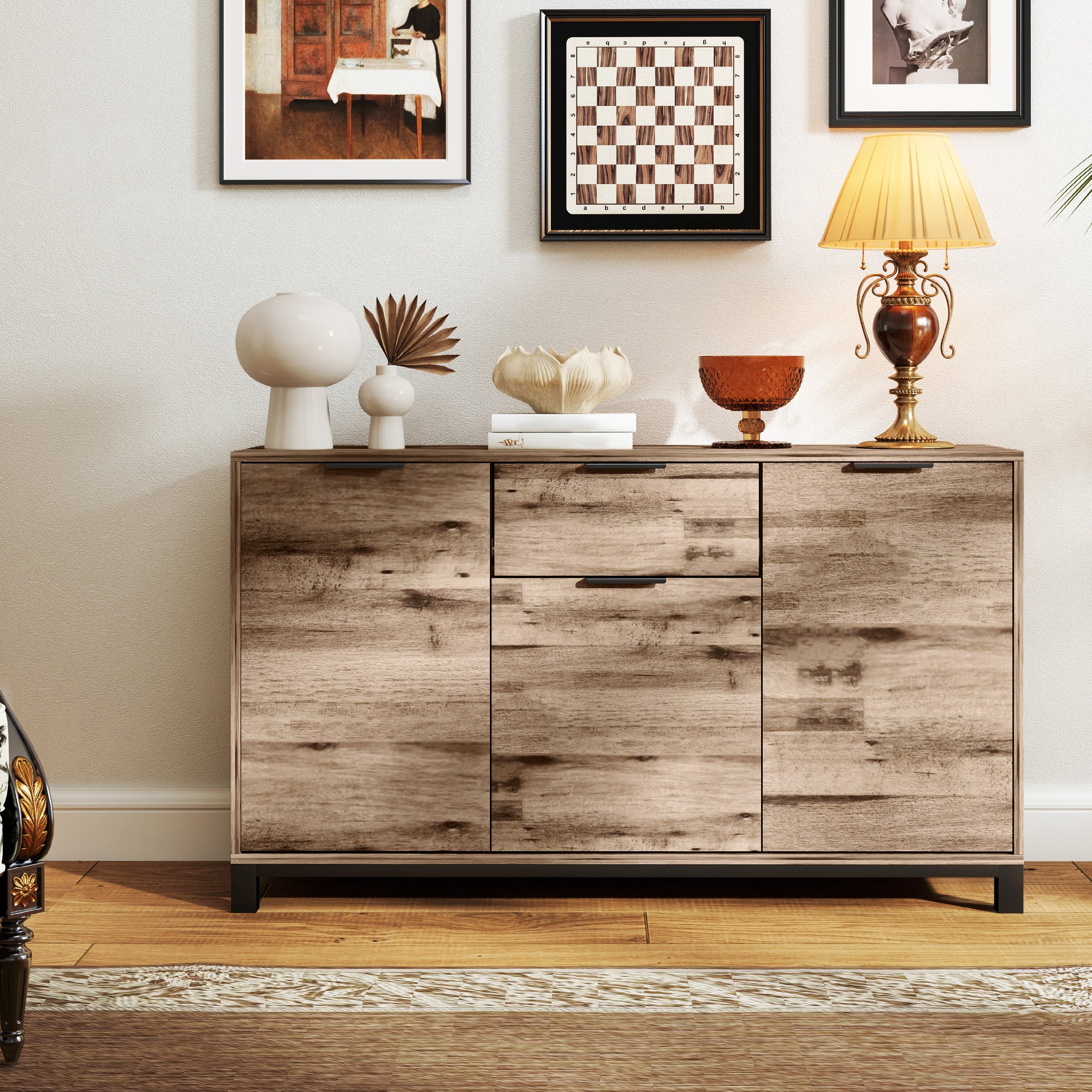 HOMCOM Industrial Sideboard Buffet Cabinet with Storage, 47" Coffee Bar Cabinet with 3 Doors, Drawer and 2 Adjustable Shelves, Living Room Cabinet, Brown Wood Grain