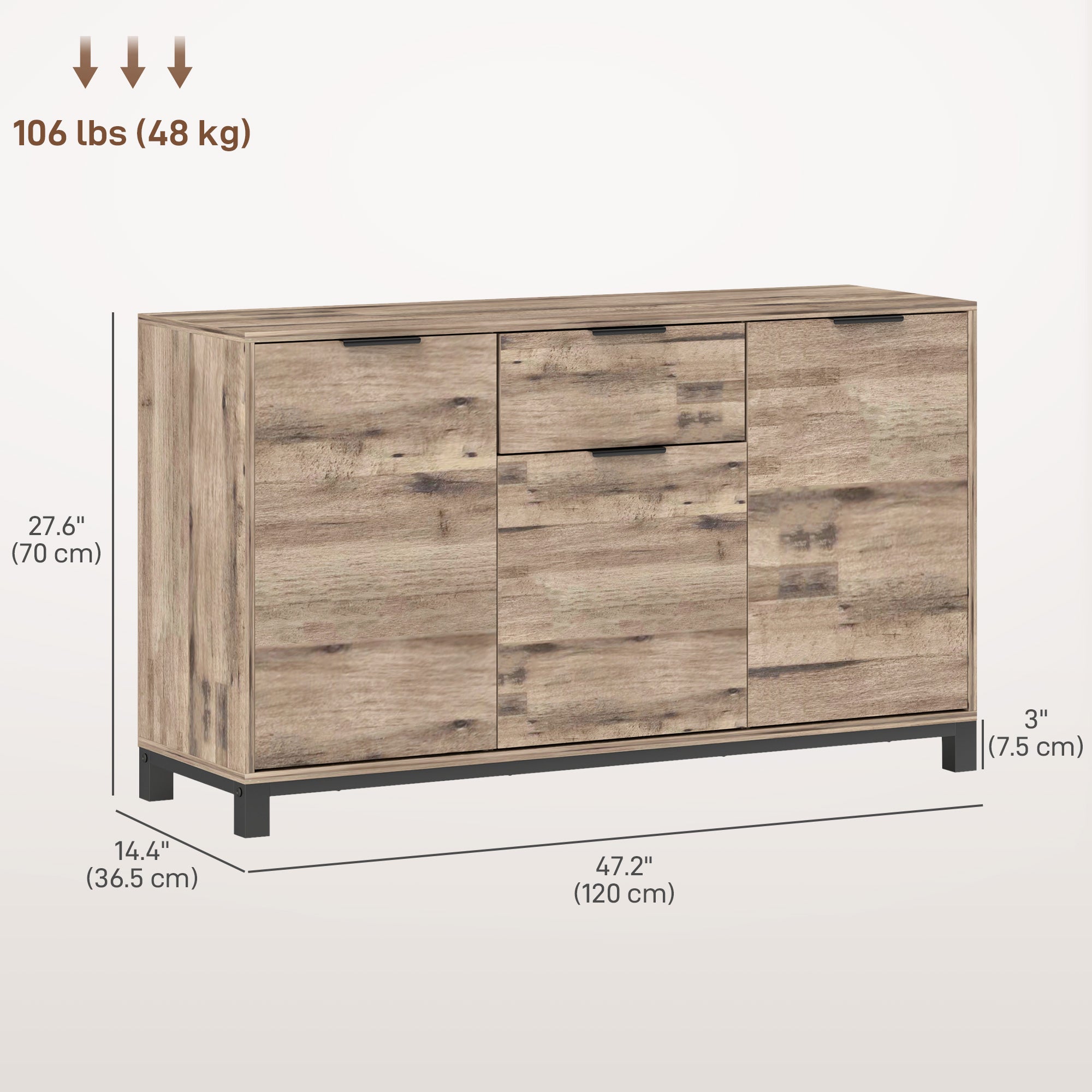 HOMCOM Industrial Sideboard Buffet Cabinet with Storage, 47" Coffee Bar Cabinet with 3 Doors, Drawer and 2 Adjustable Shelves, Living Room Cabinet, Brown Wood Grain