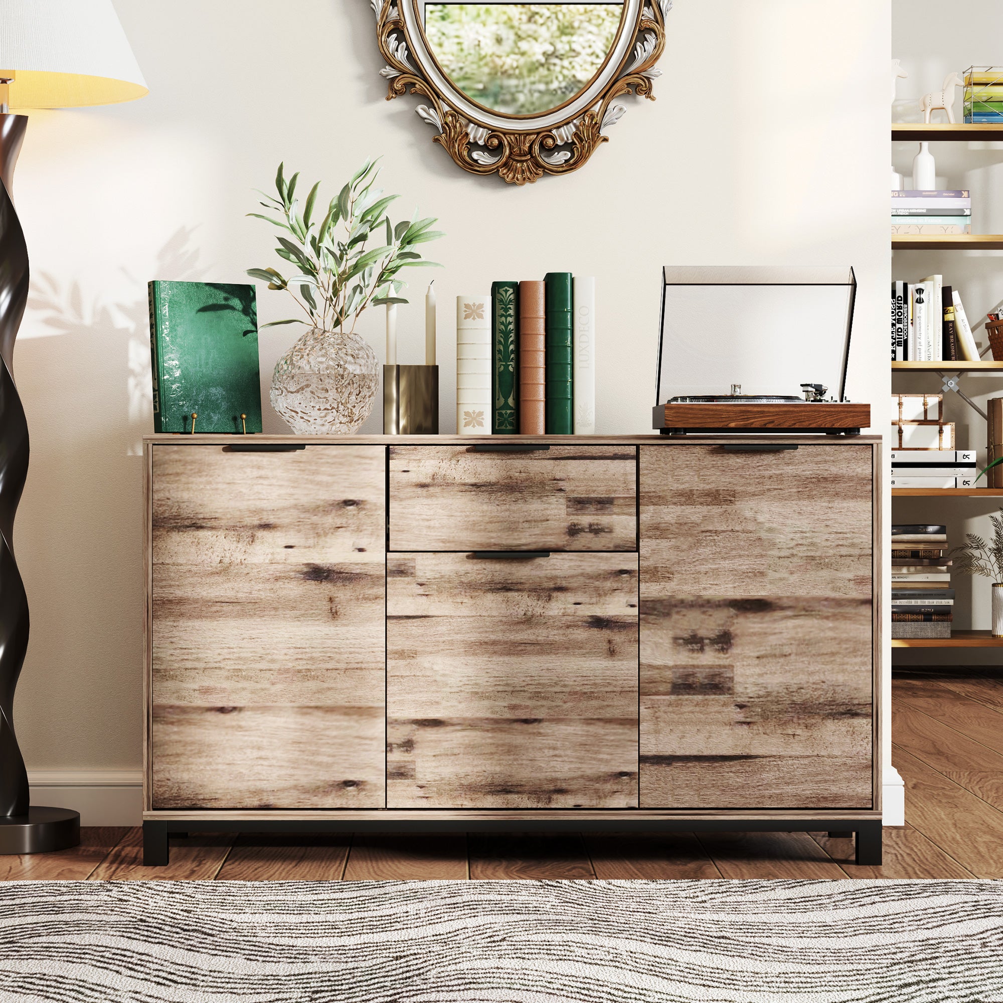 HOMCOM Industrial Sideboard Buffet Cabinet with Storage, 47" Coffee Bar Cabinet with 3 Doors, Drawer and 2 Adjustable Shelves, Living Room Cabinet, Brown Wood Grain