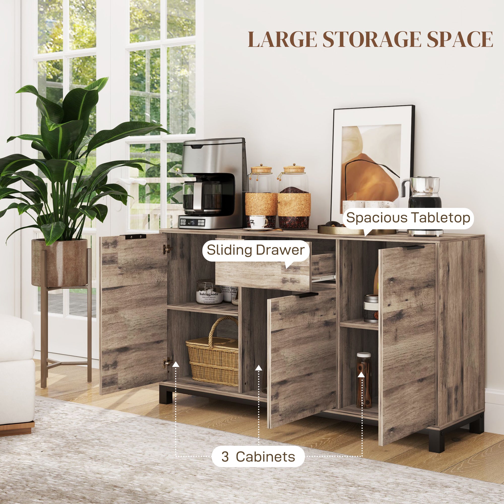 HOMCOM Industrial Sideboard Buffet Cabinet with Storage, 47" Coffee Bar Cabinet with 3 Doors, Drawer and 2 Adjustable Shelves, Living Room Cabinet, Brown Wood Grain