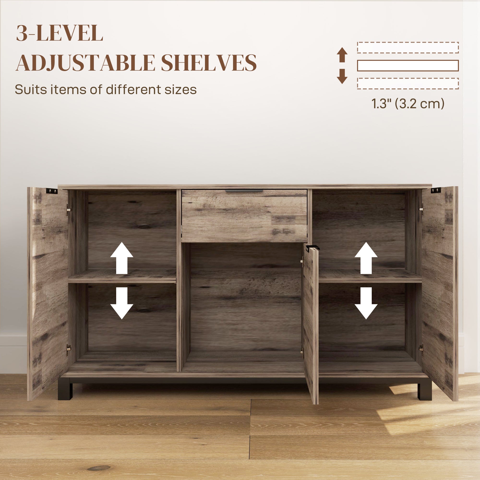 HOMCOM Industrial Sideboard Buffet Cabinet with Storage, 47" Coffee Bar Cabinet with 3 Doors, Drawer and 2 Adjustable Shelves, Living Room Cabinet, Brown Wood Grain