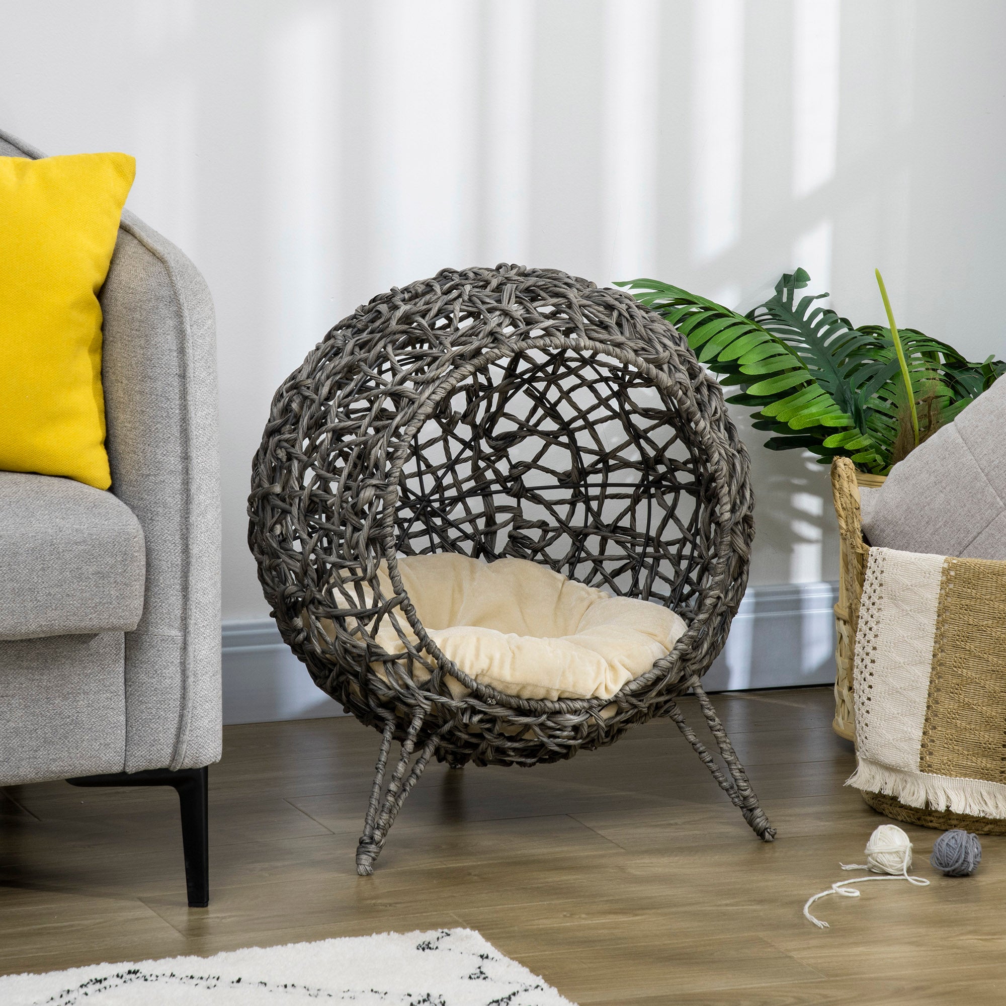 PawHut Rattan Elevated Cat Bed House Kitten Basket Ball Shaped Pet Furniture w/ Removable Cushion - Silver-Tone and Grey