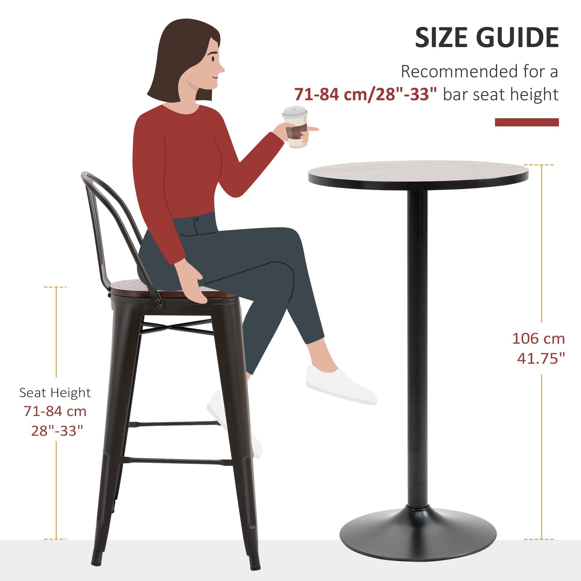 HOMCOM Round Bar Table 42 Inch Height, Industrial High Bistro Table with Metal Base and Elm Wood Top, Bar Height Table for Kitchen, Pub, Breakfast Area