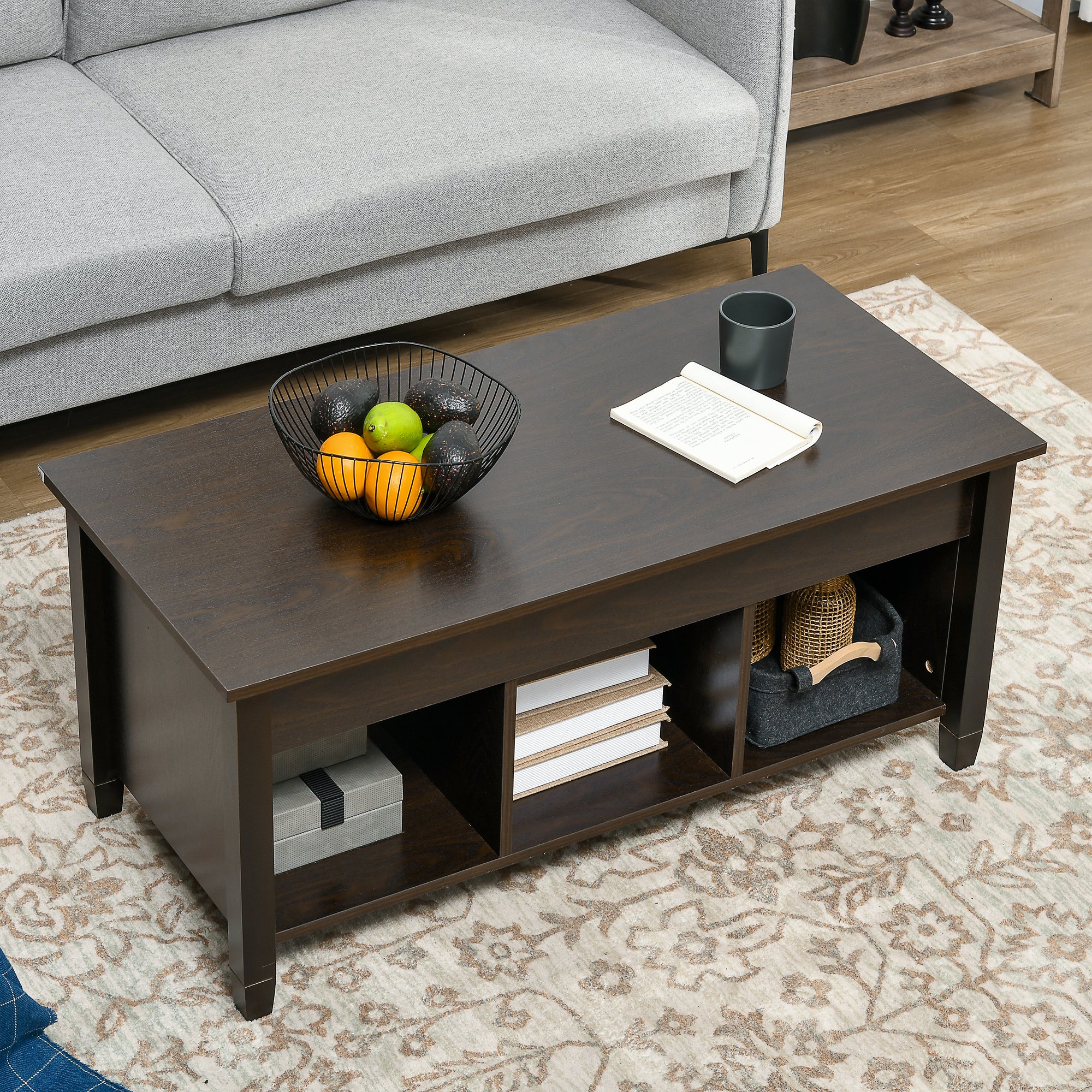 HOMCOM Lift Top Coffee Table with Hidden Compartment and 3 Storage Shelves, Center Table with Rising Tabletop for Living Room, Reception, 41" L, Espresso