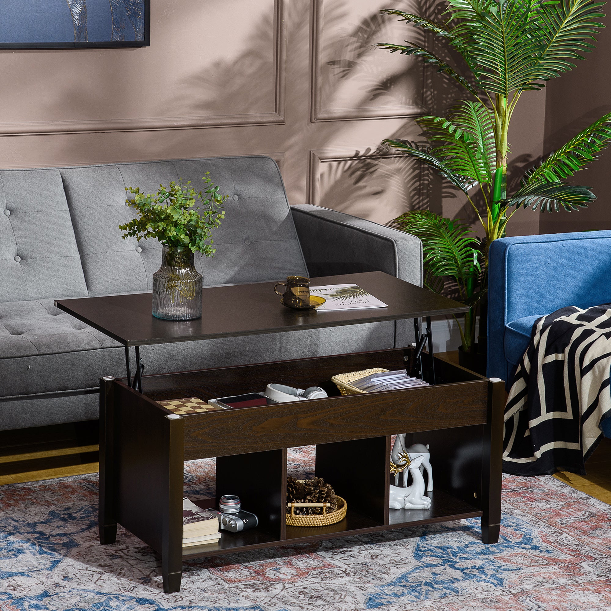 HOMCOM Lift Top Coffee Table with Hidden Compartment and 3 Storage Shelves, Center Table with Rising Tabletop for Living Room, Reception, 41" L, Espresso