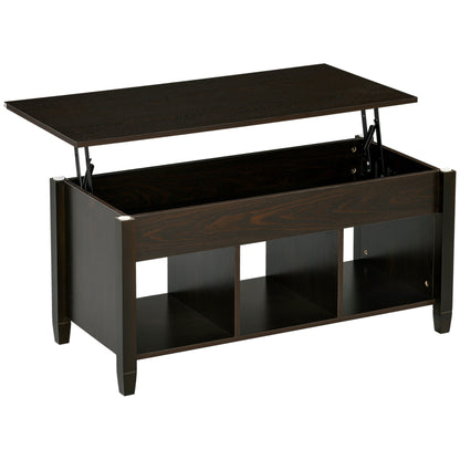 HOMCOM Lift Top Coffee Table with Hidden Compartment and 3 Storage Shelves, Center Table with Rising Tabletop for Living Room, Reception, 41" L, Espresso