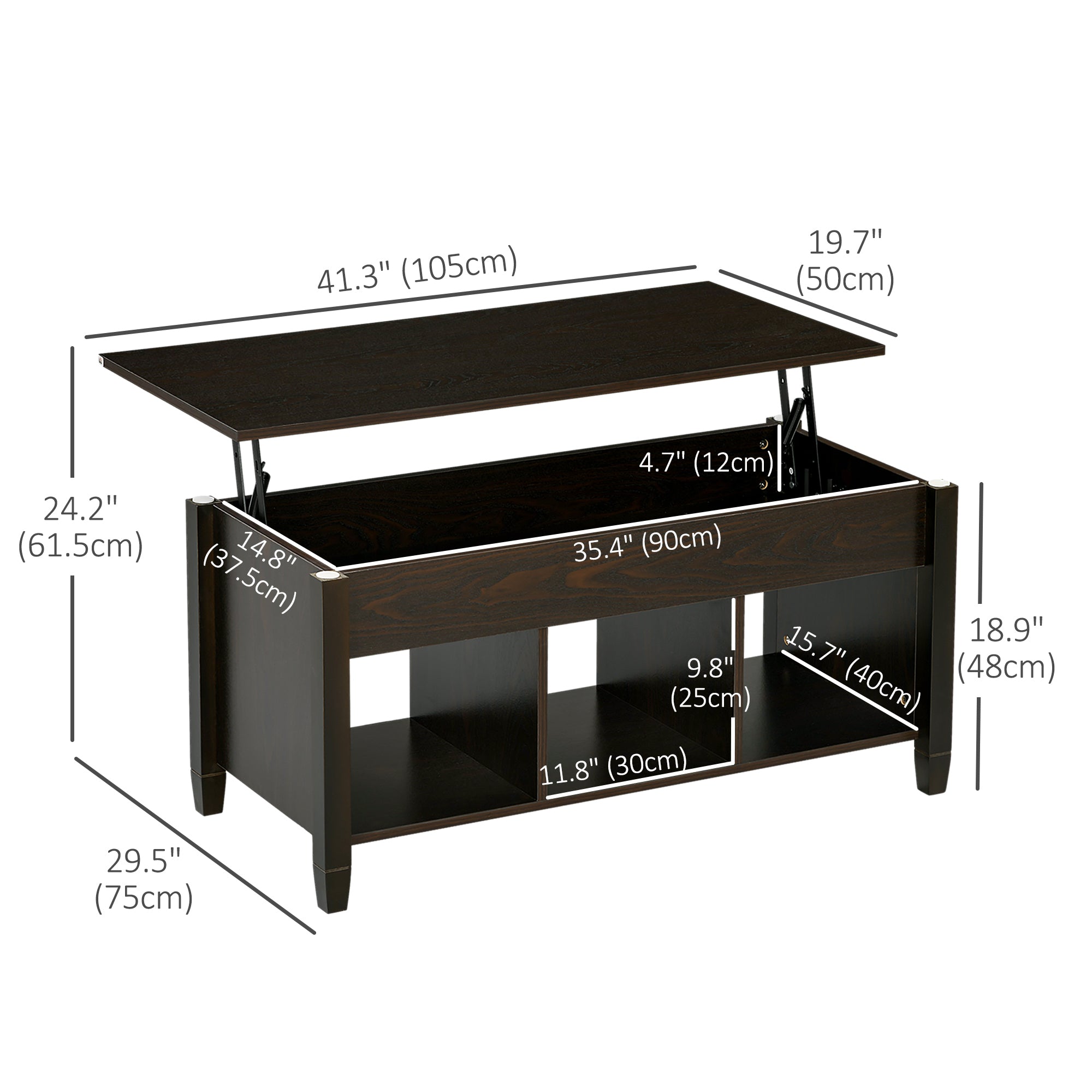 HOMCOM Lift Top Coffee Table with Hidden Compartment and 3 Storage Shelves, Center Table with Rising Tabletop for Living Room, Reception, 41