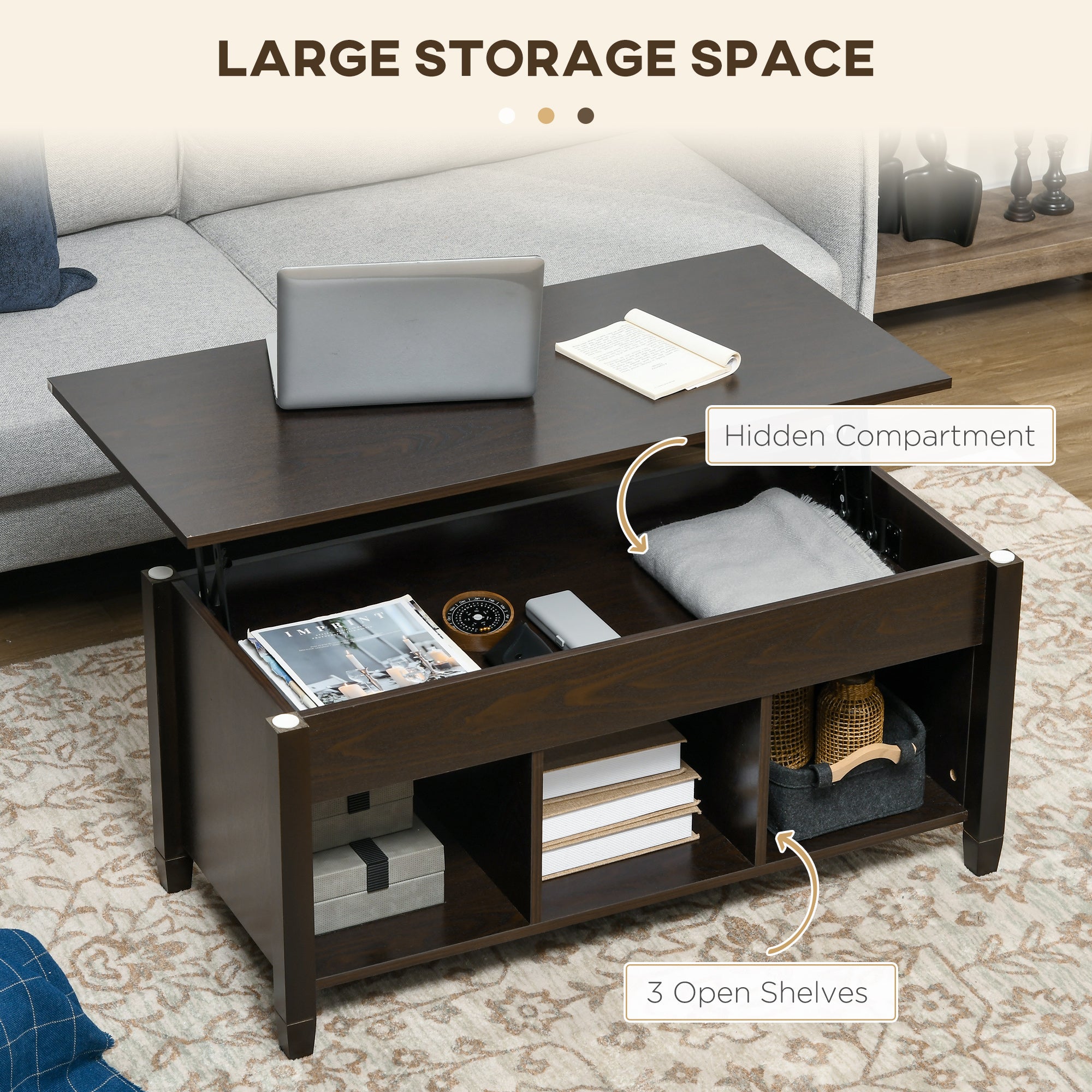 HOMCOM Lift Top Coffee Table with Hidden Compartment and 3 Storage Shelves, Center Table with Rising Tabletop for Living Room, Reception, 41