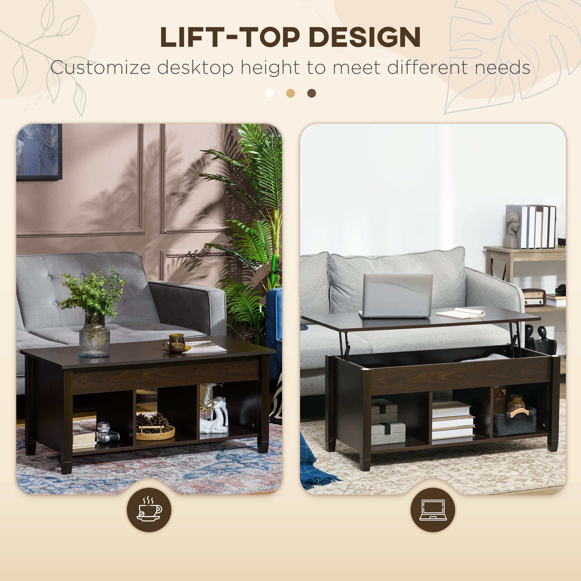 HOMCOM Lift Top Coffee Table with Hidden Compartment and 3 Storage Shelves, Center Table with Rising Tabletop for Living Room, Reception, 41