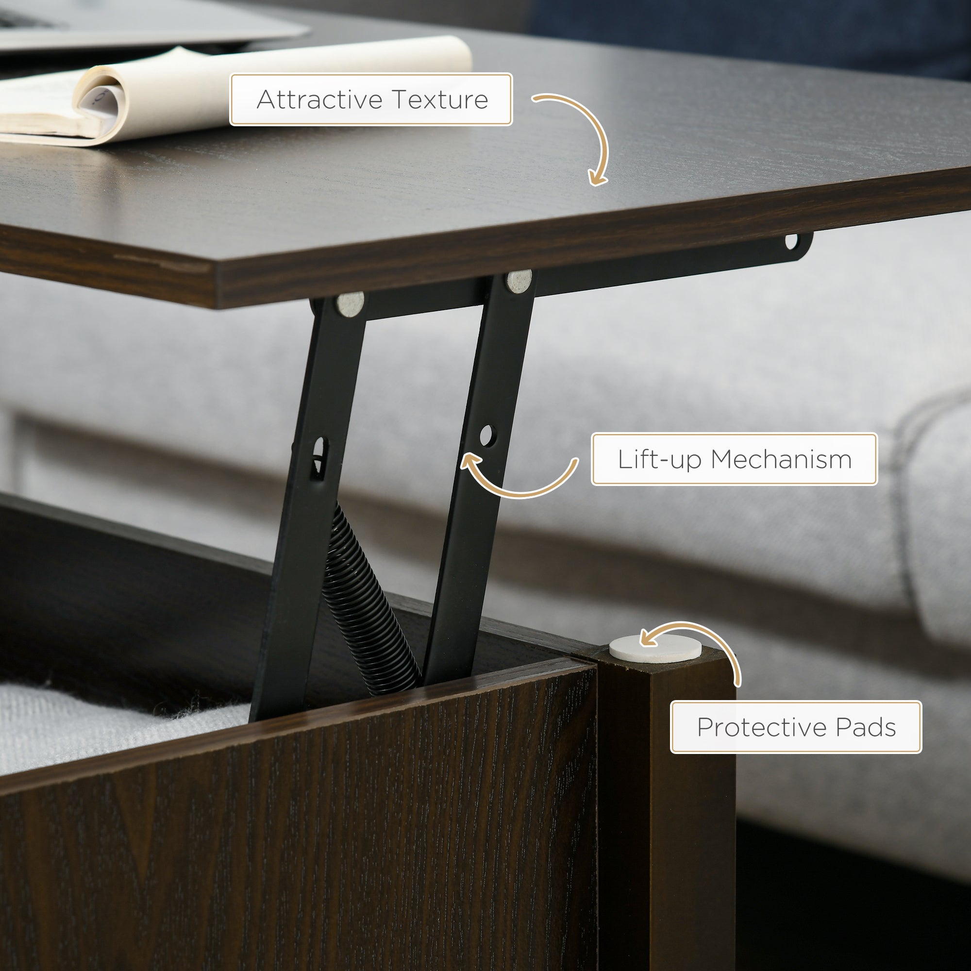 HOMCOM Lift Top Coffee Table with Hidden Compartment and 3 Storage Shelves, Center Table with Rising Tabletop for Living Room, Reception, 41" L, Espresso