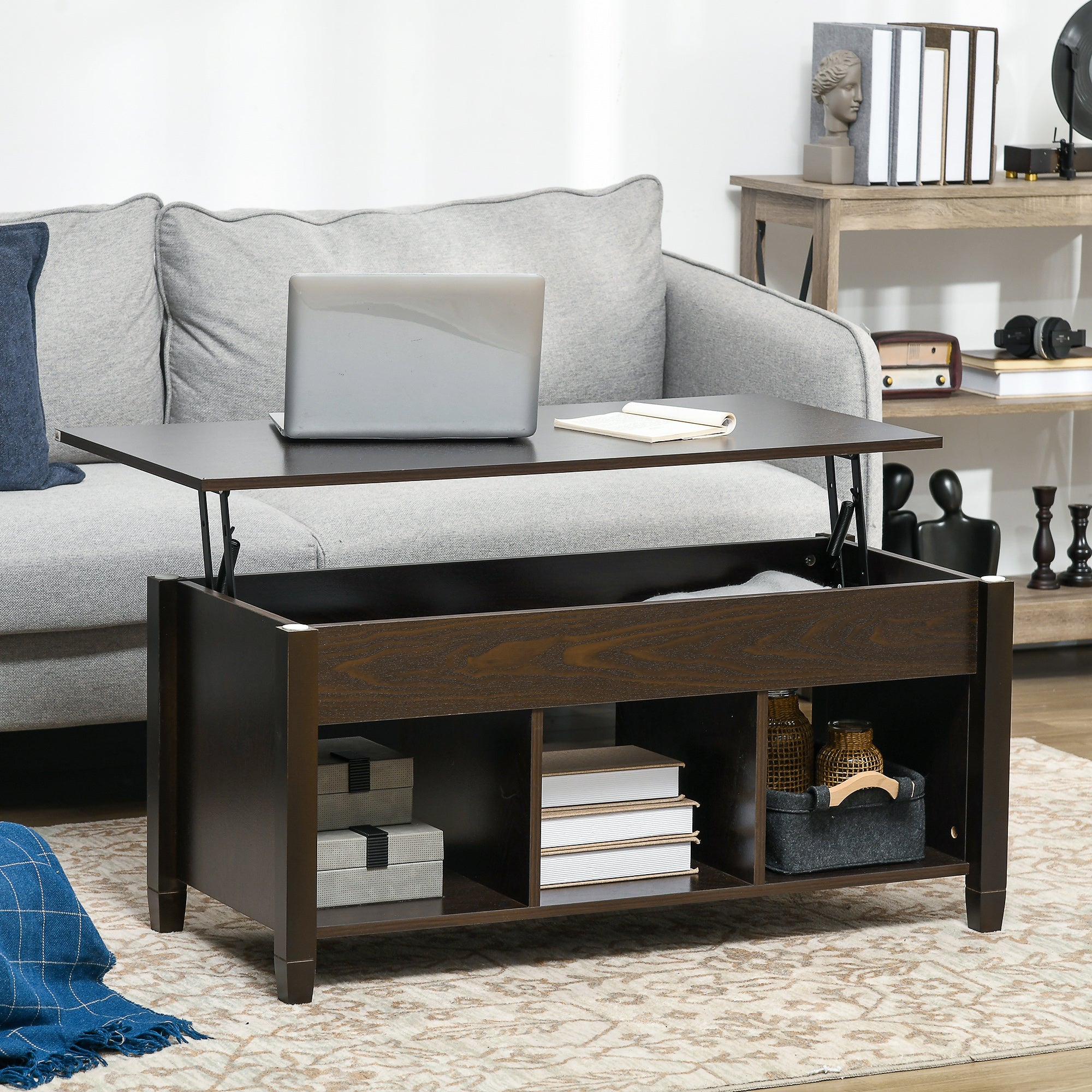 HOMCOM Lift Top Coffee Table with Hidden Compartment and 3 Storage Shelves, Center Table with Rising Tabletop for Living Room, Reception, 41