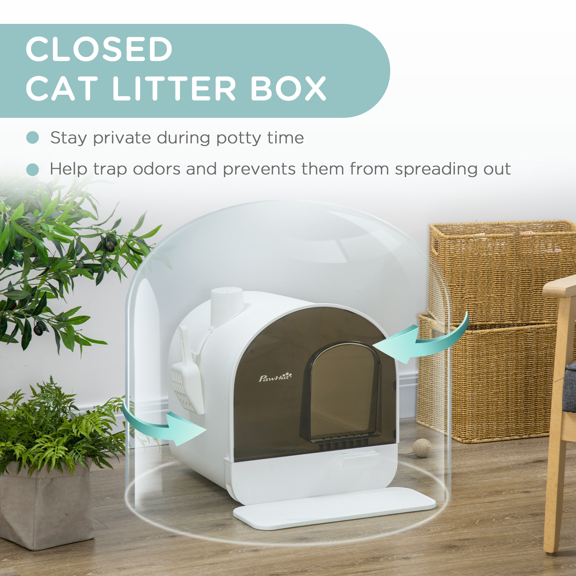 PawHut Cat Litter Box Kitten Litter Tray w/ Hood, Scoop, Filter, Flap Door, 43 x 44 x 47cm - White
