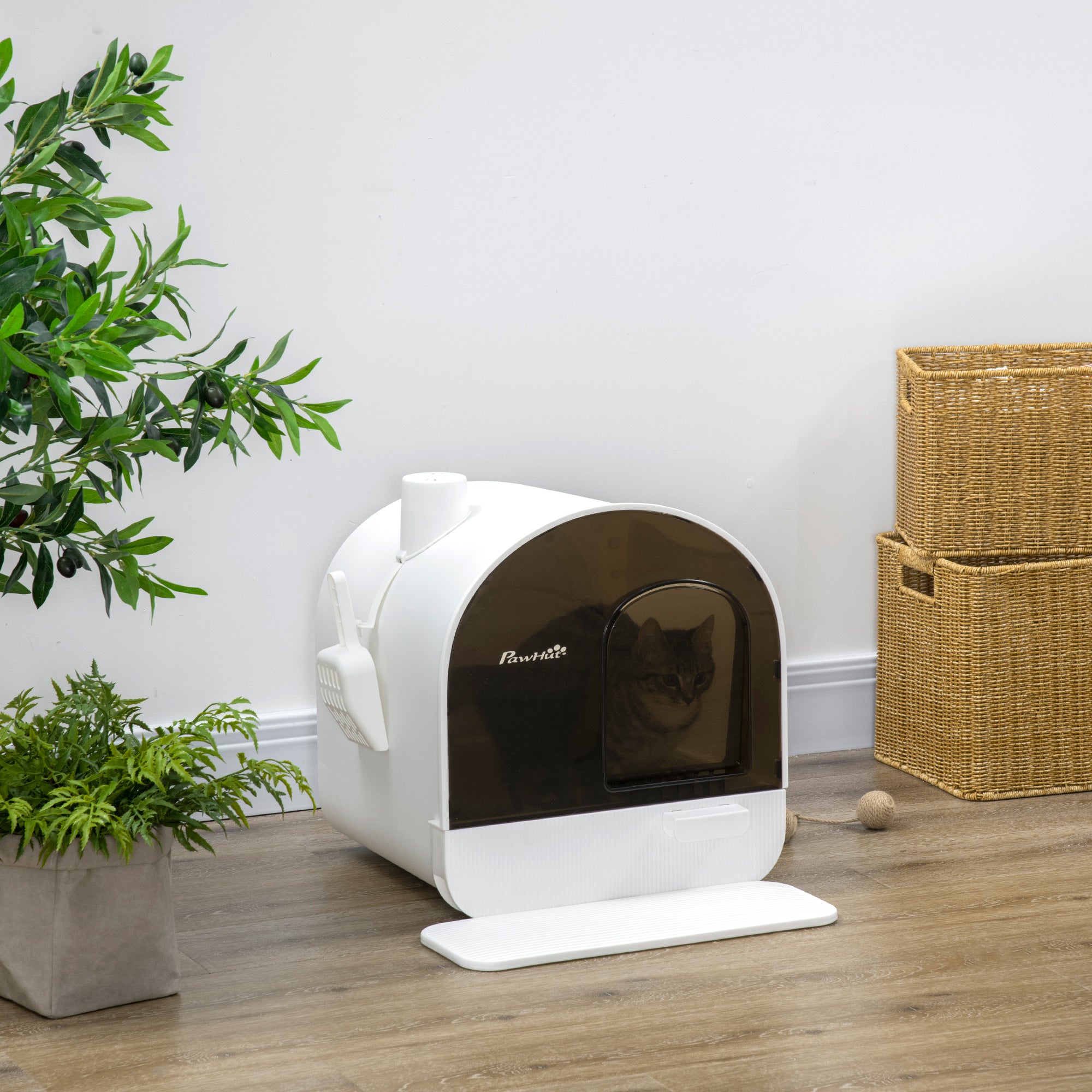 PawHut Cat Litter Box Kitten Litter Tray w/ Hood, Scoop, Filter, Flap Door, 43 x 44 x 47cm - White