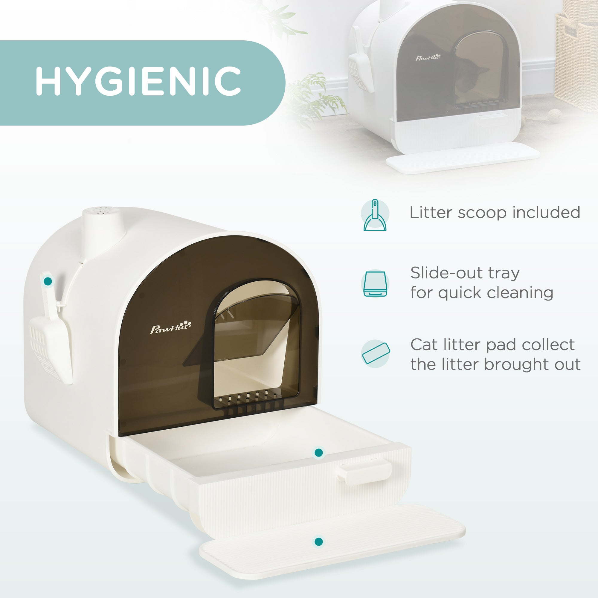 PawHut Large Cat Litter Box with Lid, Enclosed Kitty Litter Box with Slide-out Tray, Scoop, Filter, White