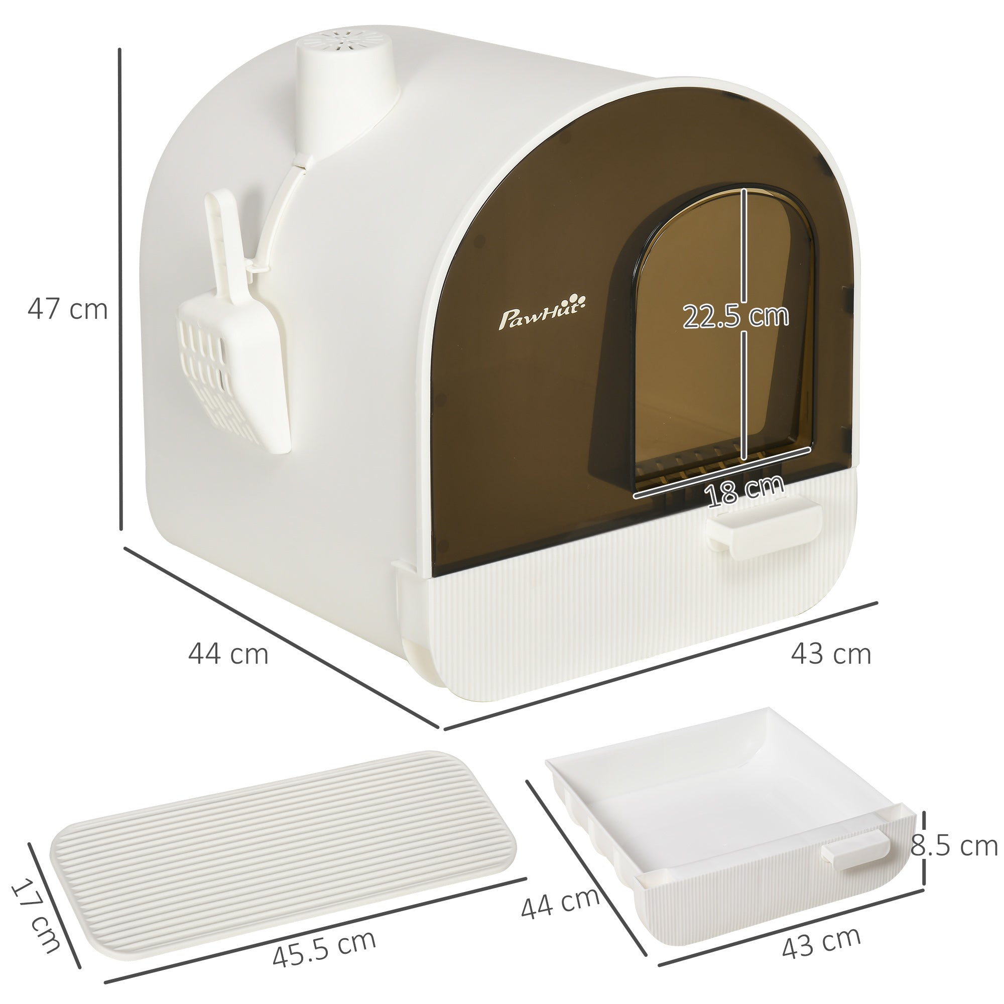 PawHut Cat Litter Box Kitten Litter Tray w/ Hood, Scoop, Filter, Flap Door, 43 x 44 x 47cm - White