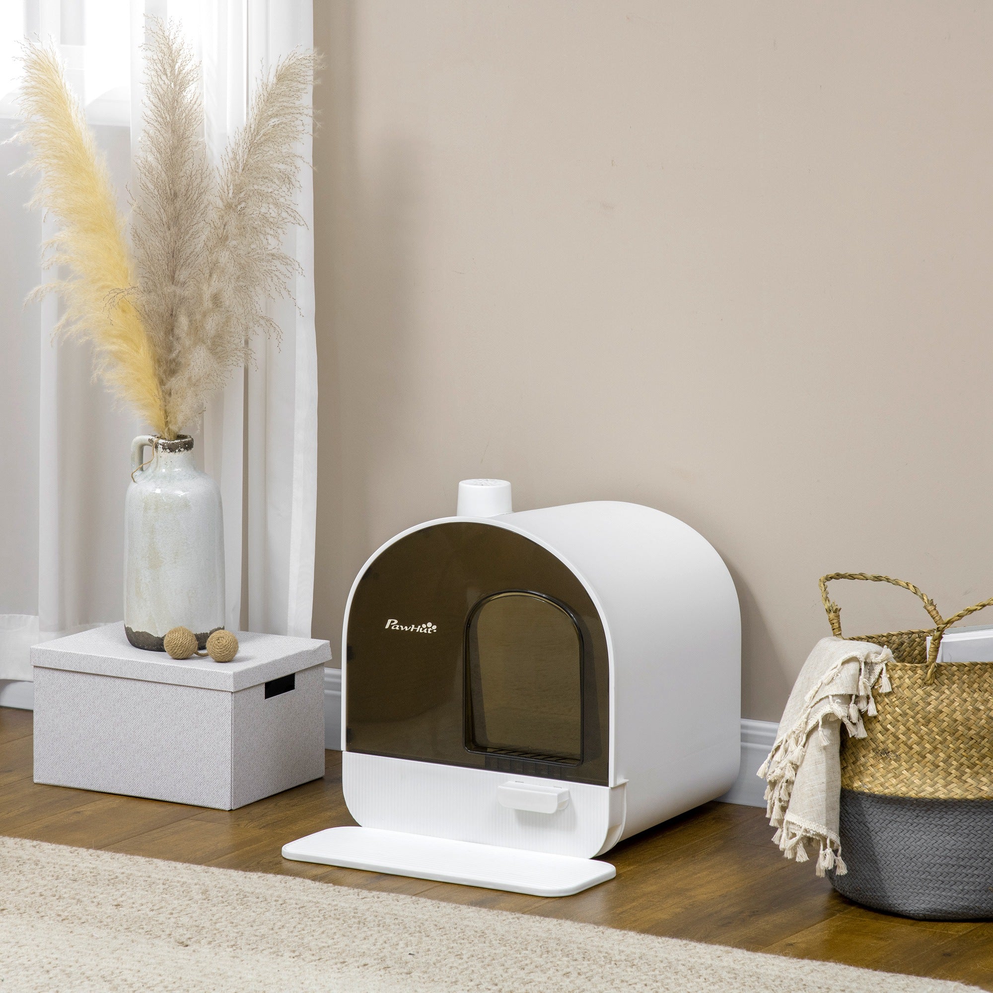 PawHut Cat Litter Box Kitten Litter Tray w/ Hood, Scoop, Filter, Flap Door, 43 x 44 x 47cm - White