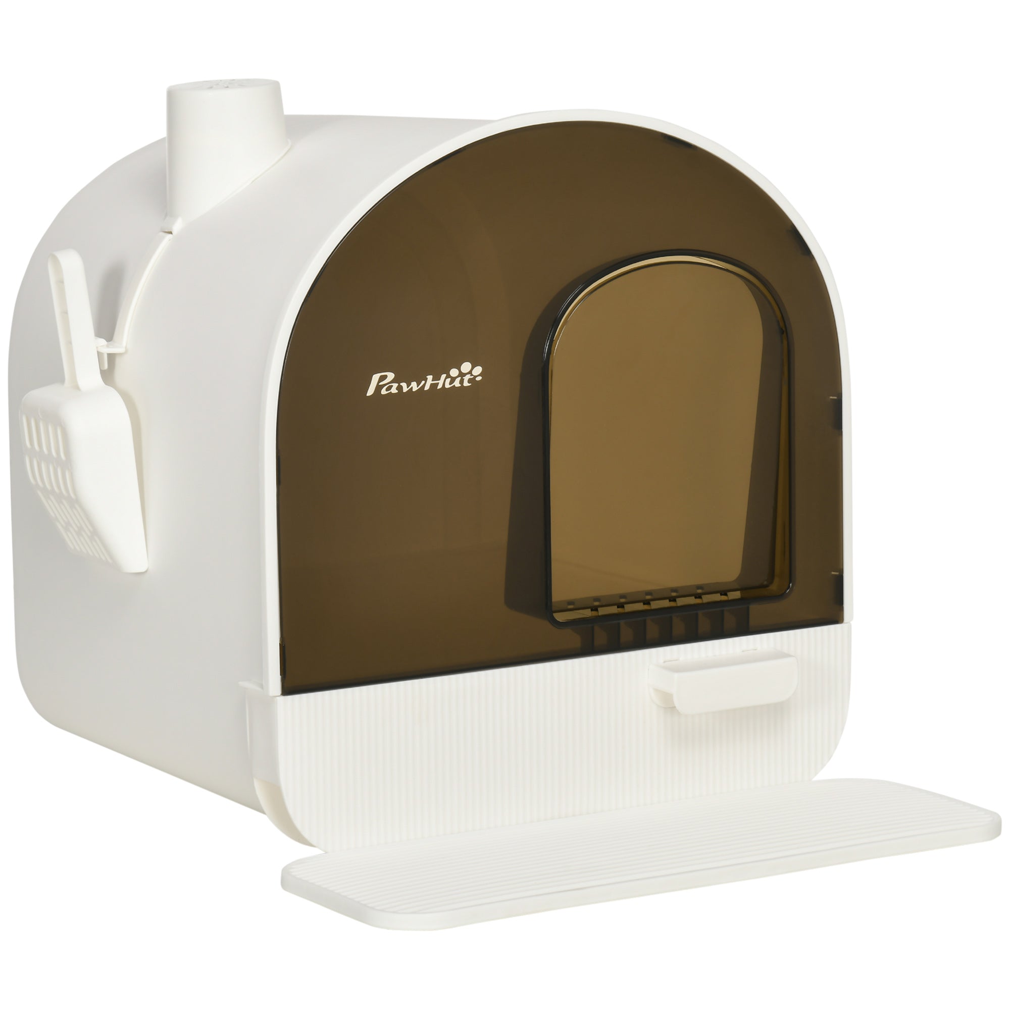 PawHut Cat Litter Box Kitten Litter Tray w/ Hood, Scoop, Filter, Flap Door, 43 x 44 x 47cm - White