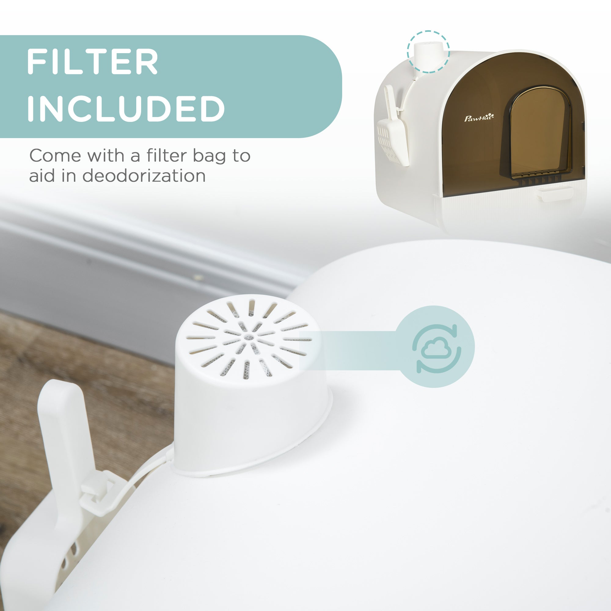 PawHut Large Cat Litter Box with Lid, Enclosed Kitty Litter Box with Slide-out Tray, Scoop, Filter, White