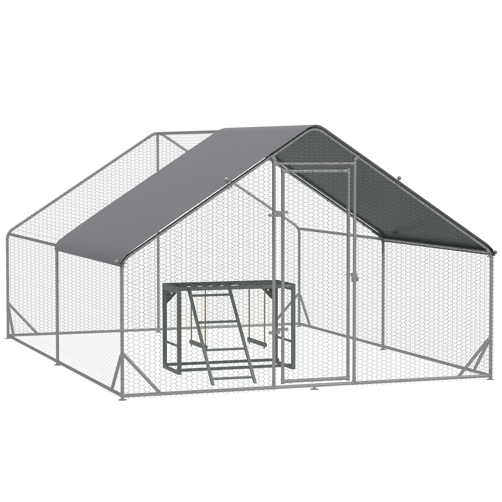 PawHut Walk-In Chicken Run, Galvanised Chicken Coop with UV-resistant and Water-Resistant Cover, Chicken Activity Shelf with 2 Swings, Poultry House for Outdoor, Farm, 3 x 4 x 2m