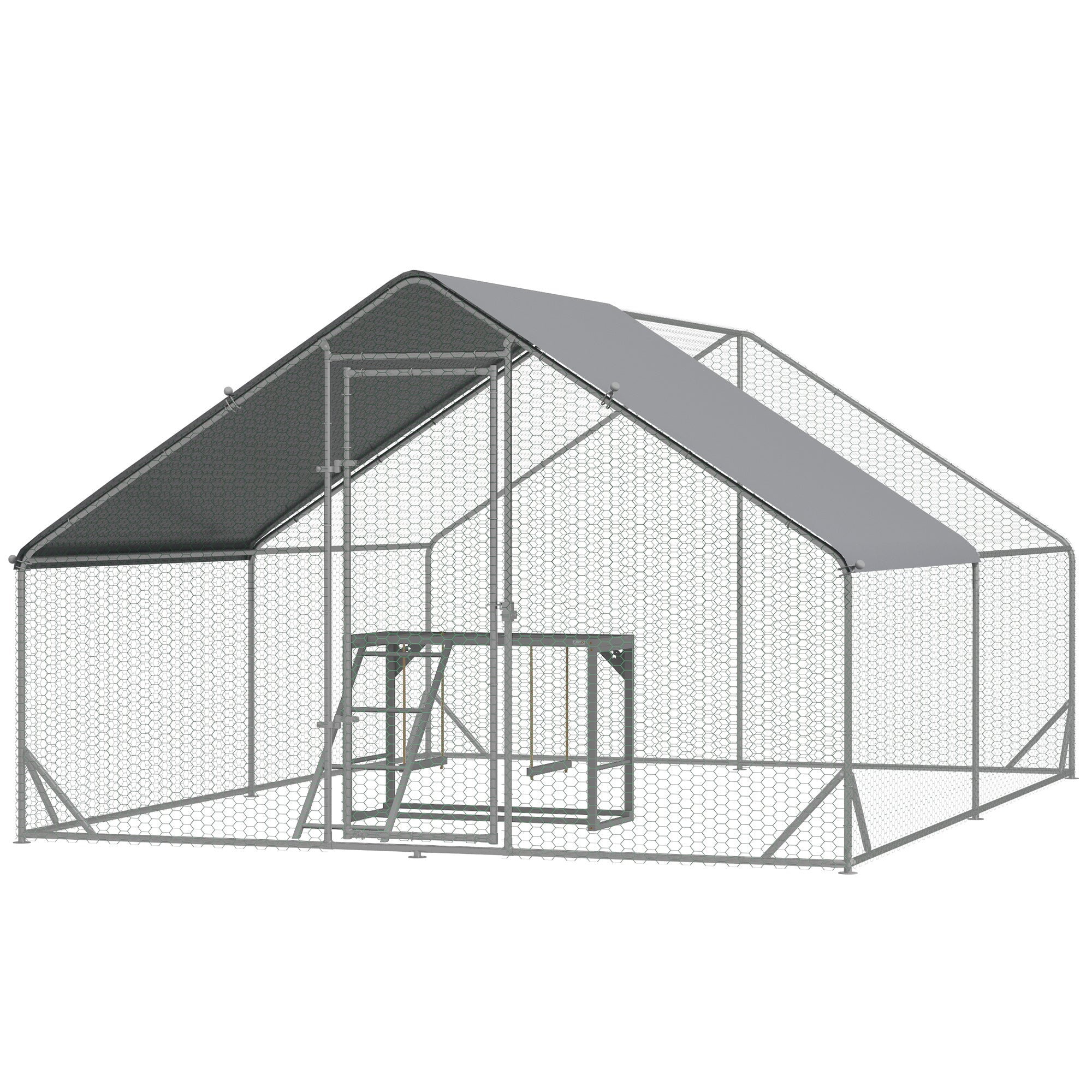 PawHut Walk-In Chicken Run, Galvanised Chicken Coop with UV-resistant and Water-Resistant Cover, Chicken Activity Shelf with 2 Swings, Poultry House for Outdoor, Farm, 3 x 4 x 2m