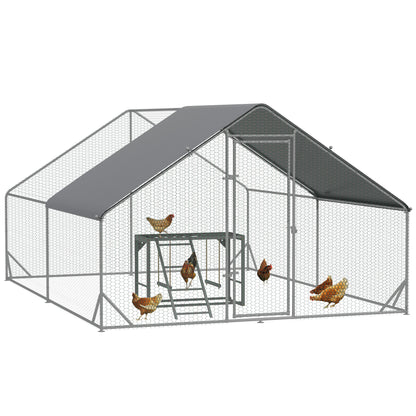 PawHut Walk-In Chicken Run, Galvanised Chicken Coop with UV-resistant and Water-Resistant Cover, Chicken Activity Shelf with 2 Swings, Poultry House for Outdoor, Farm, 3 x 4 x 2m