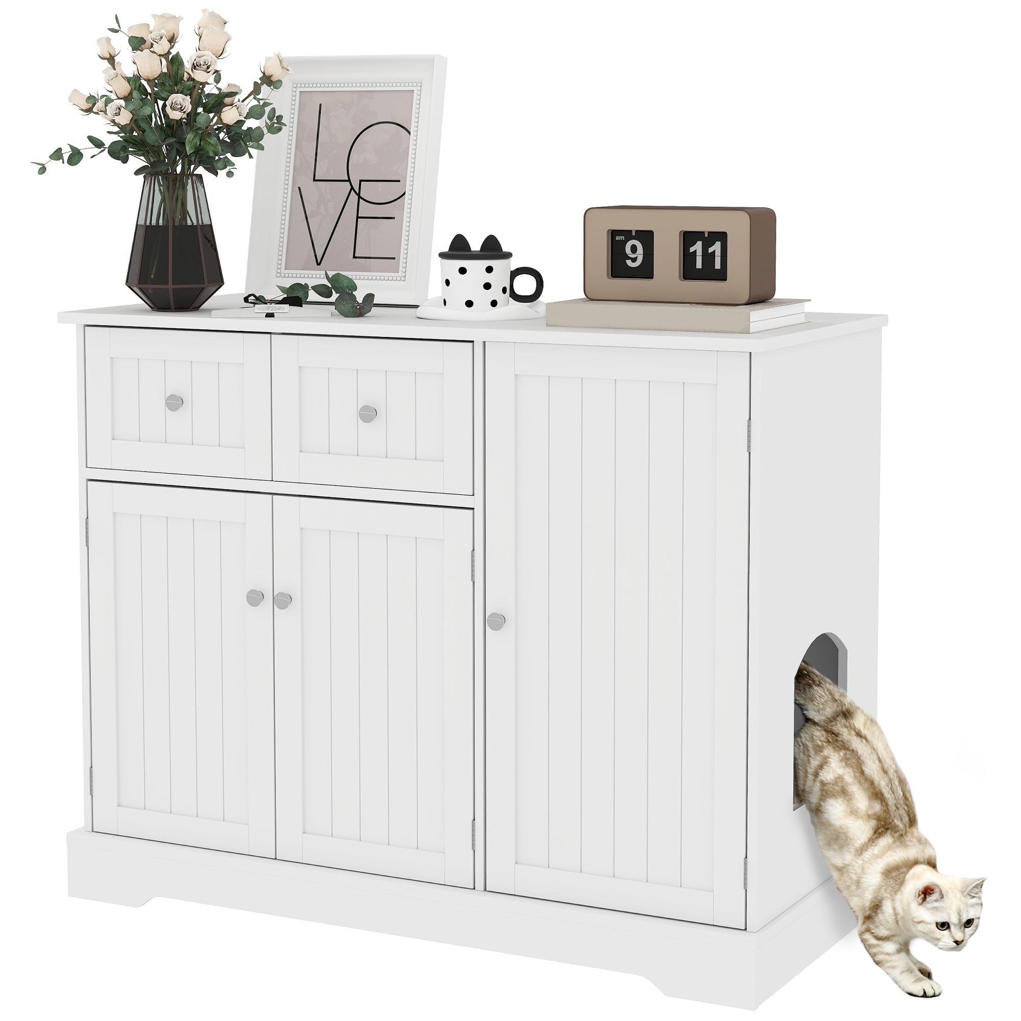 PawHut Cat Litter Box Enclosure, Hidden Litter Box Furnitrue Indoor Cat House with Drawer, Storage, Anti-tip Kit, Cat Washroom for Living Room, Bedroom, White