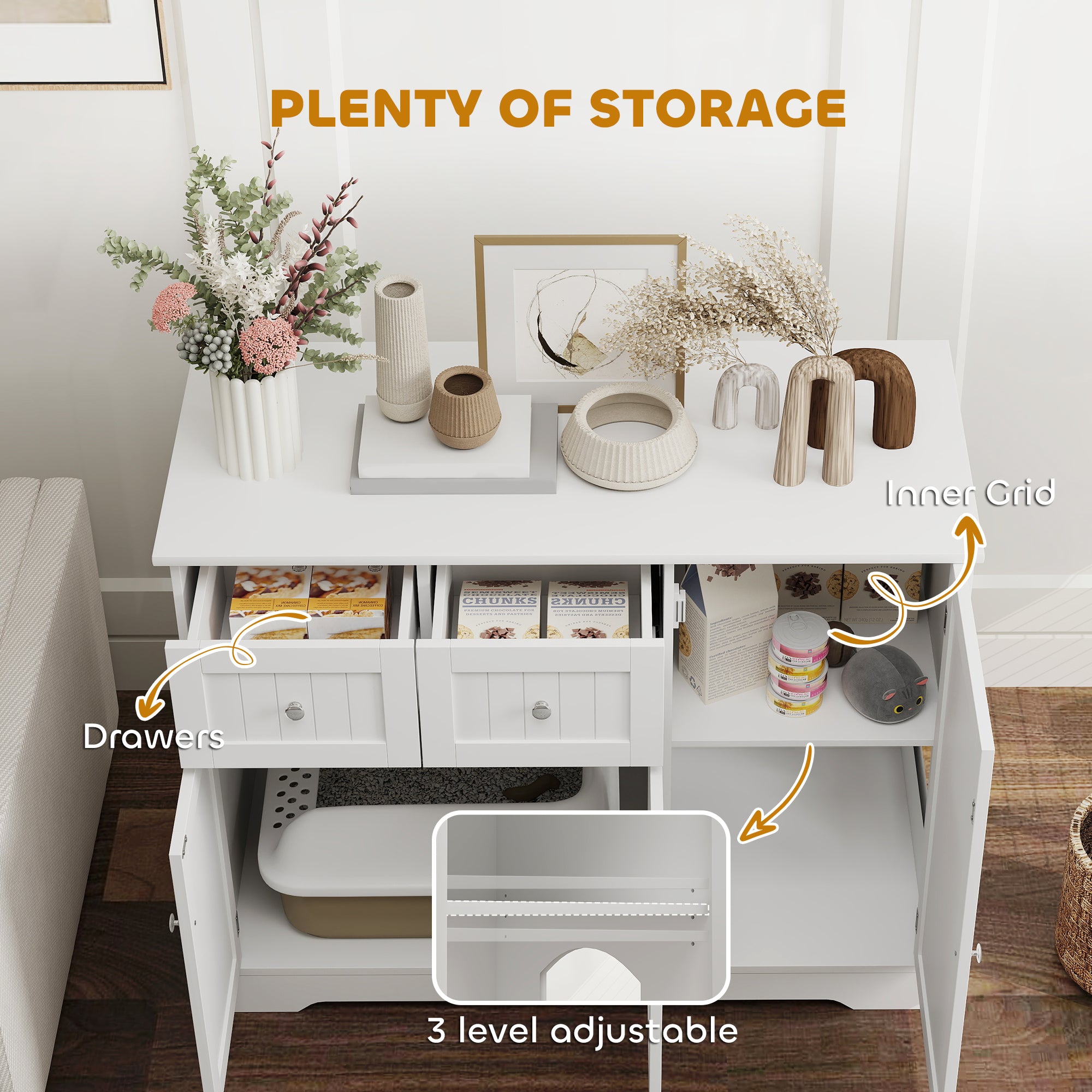 PawHut Cat Litter Box Enclosure, Hidden Litter Box Furnitrue Indoor Cat House with Drawer, Storage, Anti-tip Kit, Cat Washroom for Living Room, Bedroom, White