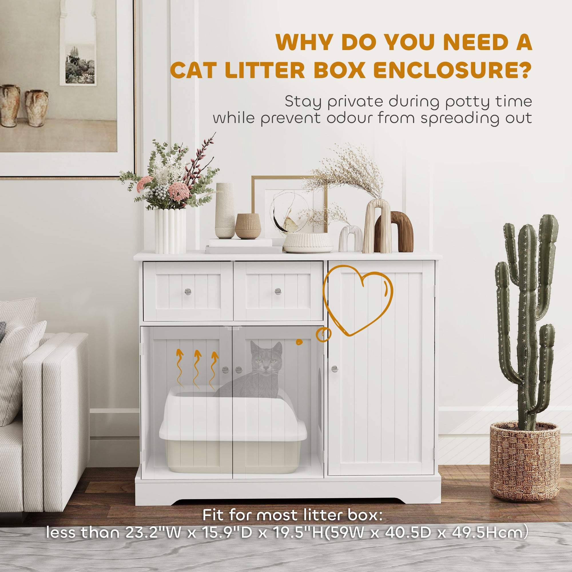 PawHut Cat Litter Box Enclosure, Hidden Litter Box Furnitrue Indoor Cat House with Drawer, Storage, Anti-tip Kit, Cat Washroom for Living Room, Bedroom, White