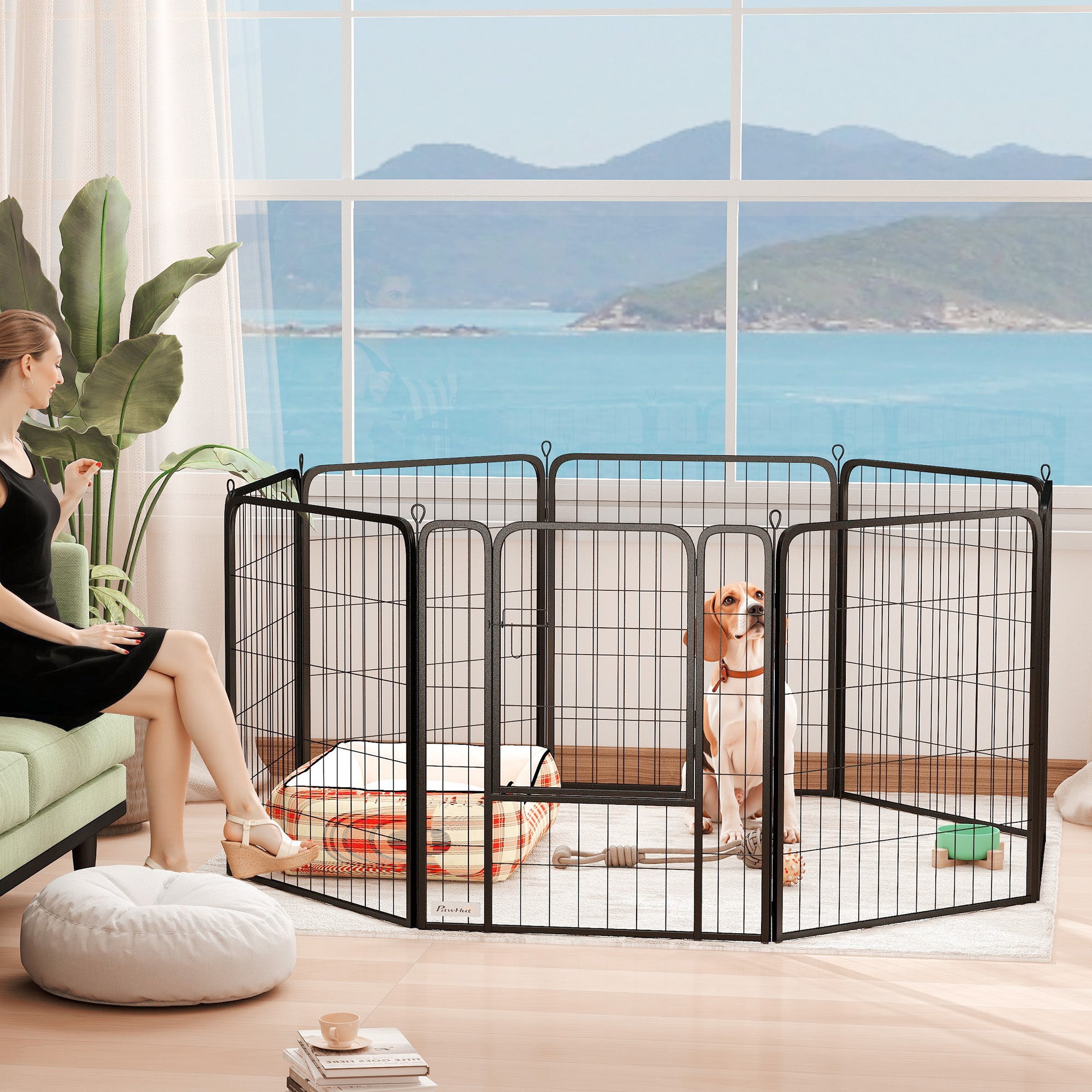 PawHut 8 Panels Dog Playpen, 31.5" H Heavy Duty Dog Pen, Portable & Foldable Dog Fence with Door & Strap for Indoor Outdoor Backyard Garden, Puppy Pet Playpen for Medium Dogs