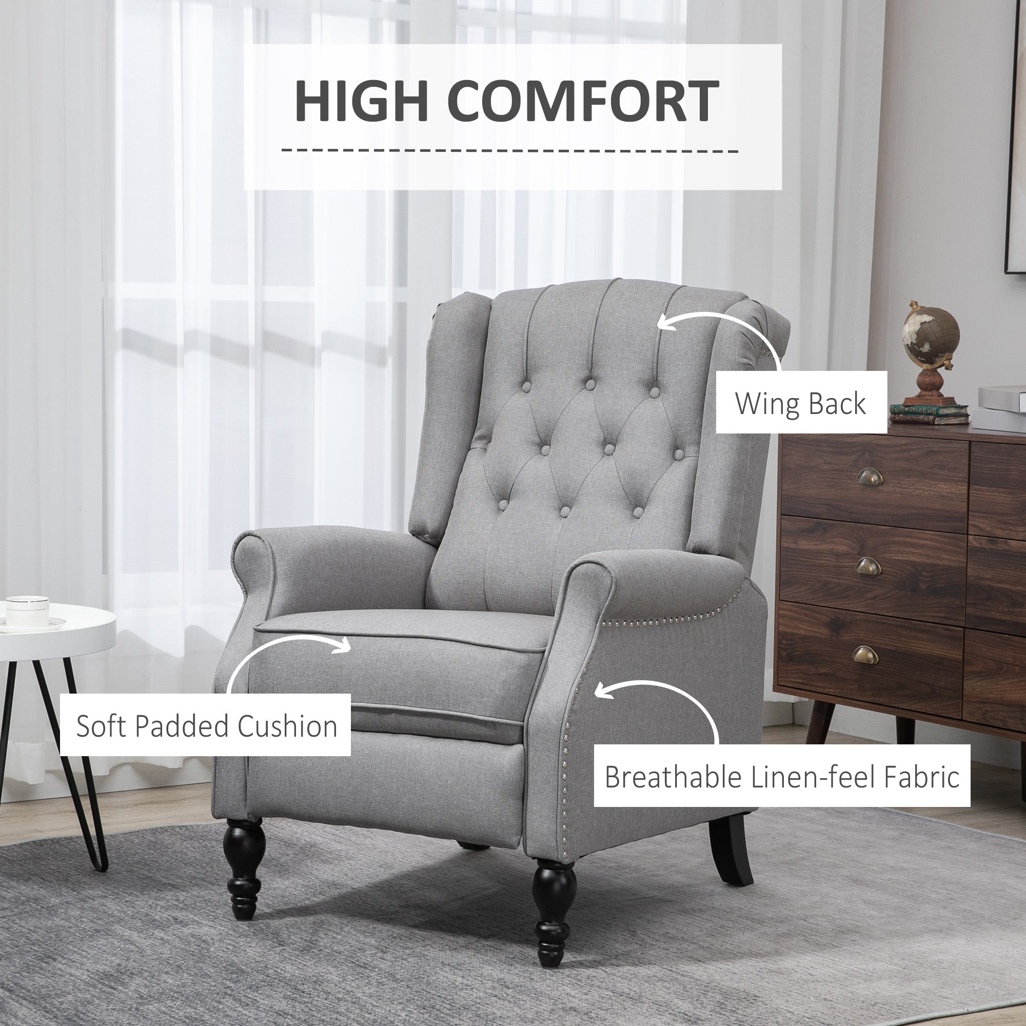 HOMCOM Push Back Recliner Chair, Fabric Reclining Chair, Tufted Wingback Chair with Nail Head Trim, Footrest, Solid Wood Legs for Living Room, Light Grey