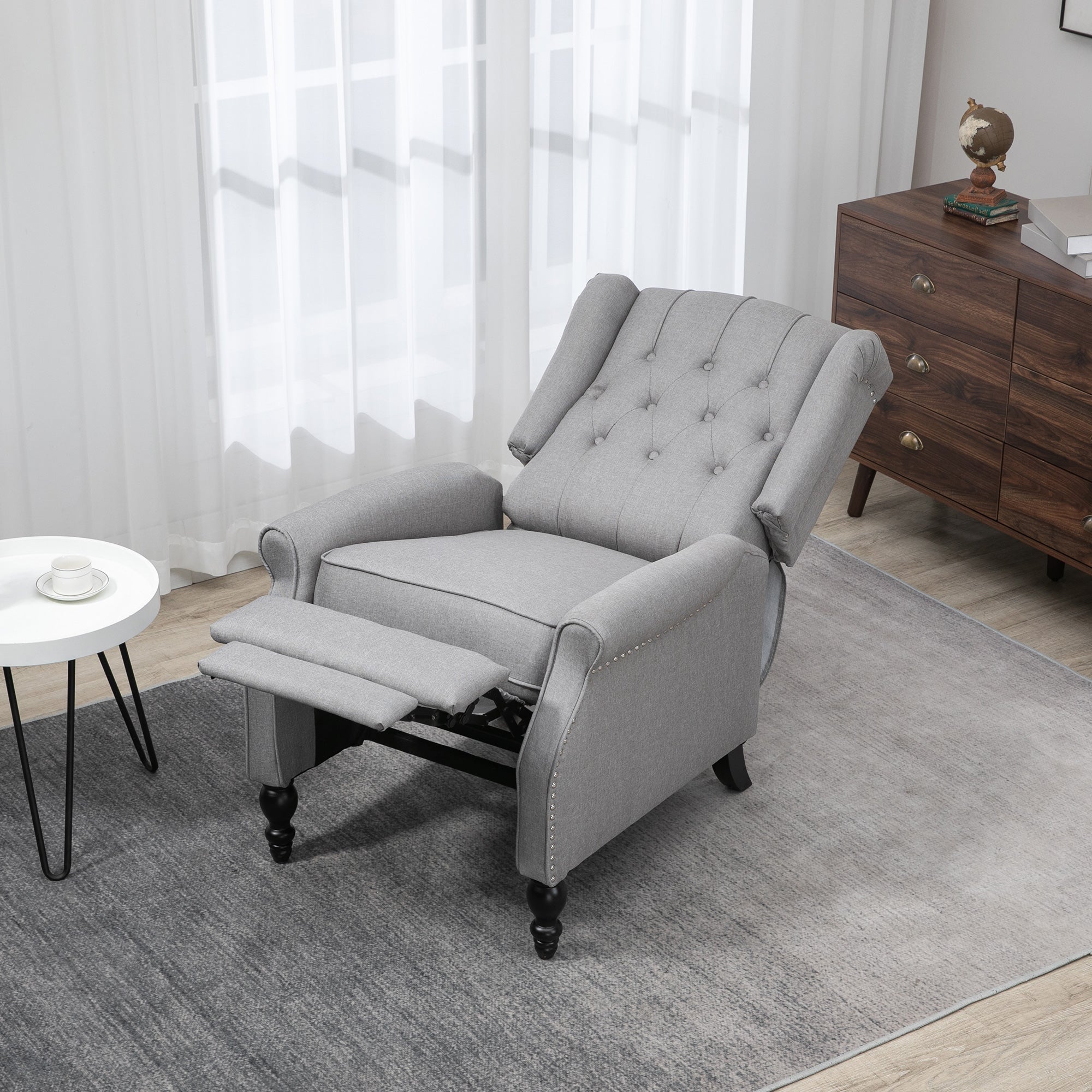 HOMCOM Push Back Recliner Chair, Fabric Reclining Chair, Tufted Wingback Chair with Nail Head Trim, Footrest, Solid Wood Legs for Living Room, Light Grey