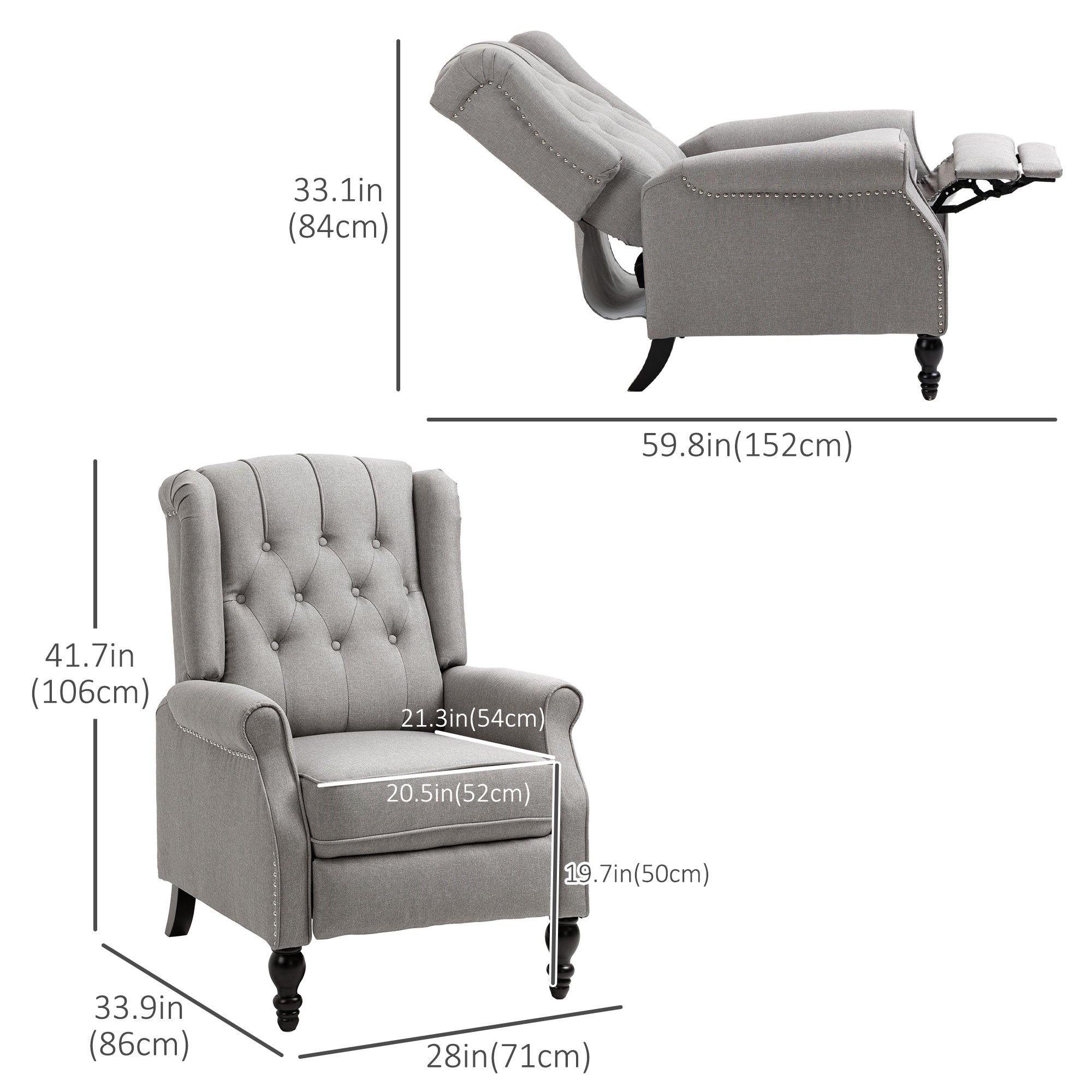 HOMCOM Push Back Recliner Chair, Fabric Reclining Chair, Tufted Wingback Chair with Nail Head Trim, Footrest, Solid Wood Legs for Living Room, Light Grey