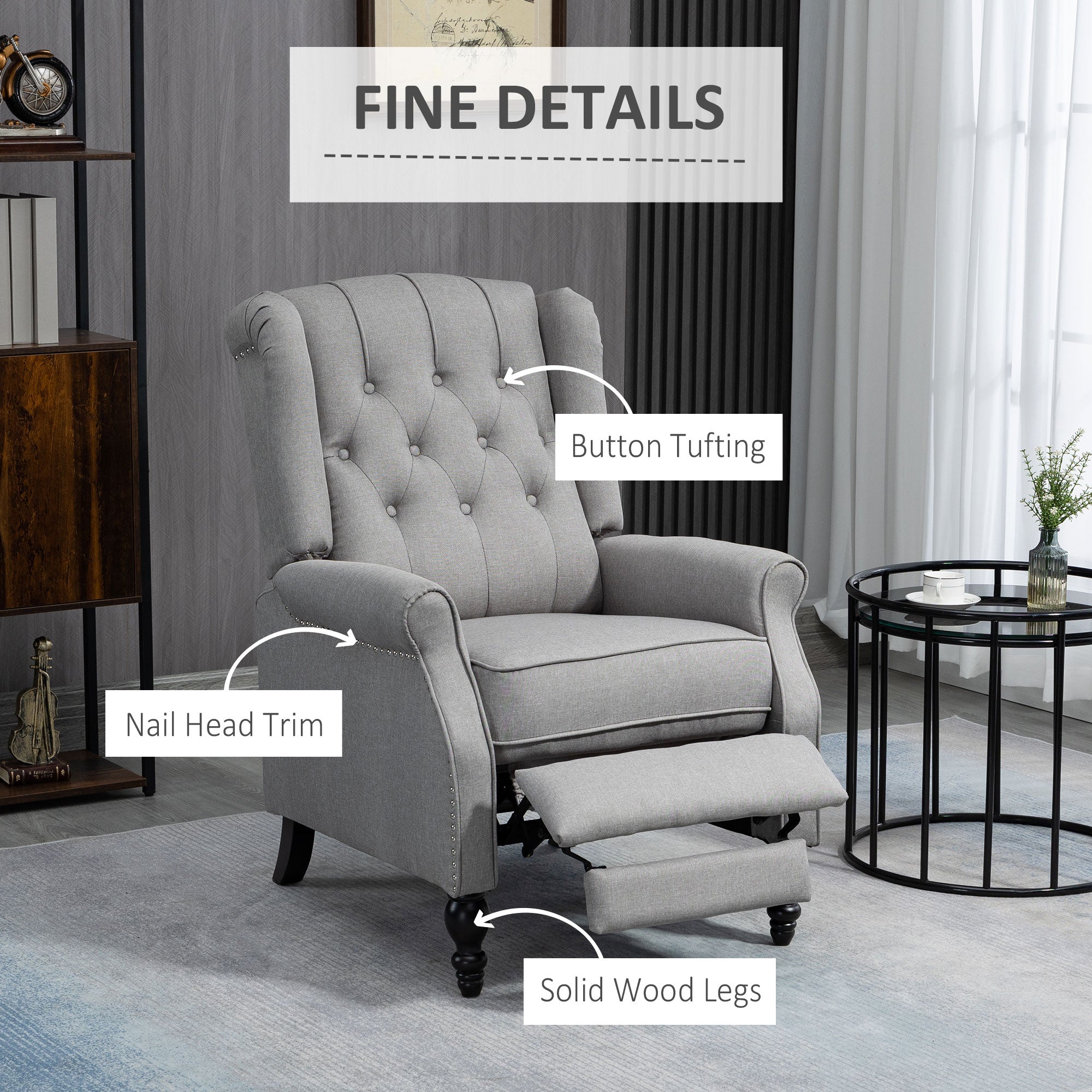 HOMCOM Push Back Recliner Chair, Fabric Reclining Chair, Tufted Wingback Chair with Nail Head Trim, Footrest, Solid Wood Legs for Living Room, Light Grey
