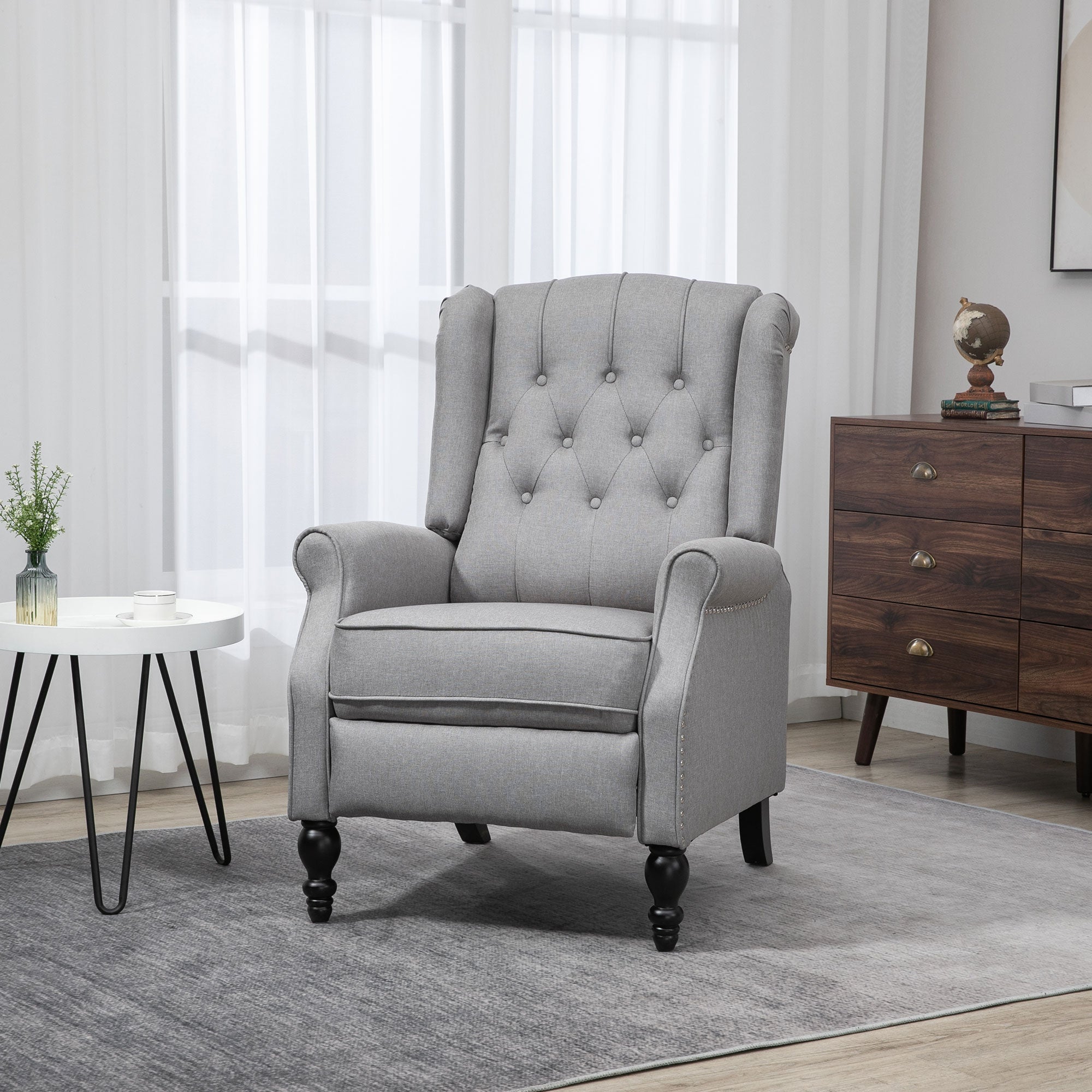 HOMCOM Push Back Recliner Chair, Fabric Reclining Chair, Tufted Wingback Chair with Nail Head Trim, Footrest, Solid Wood Legs for Living Room, Light Grey