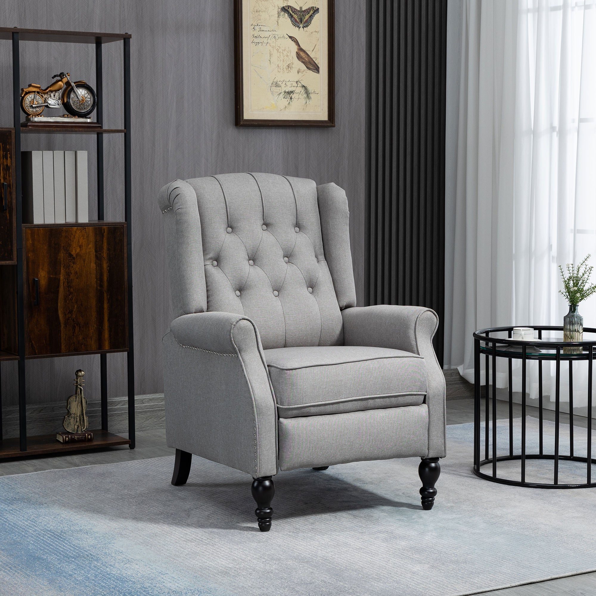 HOMCOM Push Back Recliner Chair, Fabric Reclining Chair, Tufted Wingback Chair with Nail Head Trim, Footrest, Solid Wood Legs for Living Room, Light Grey