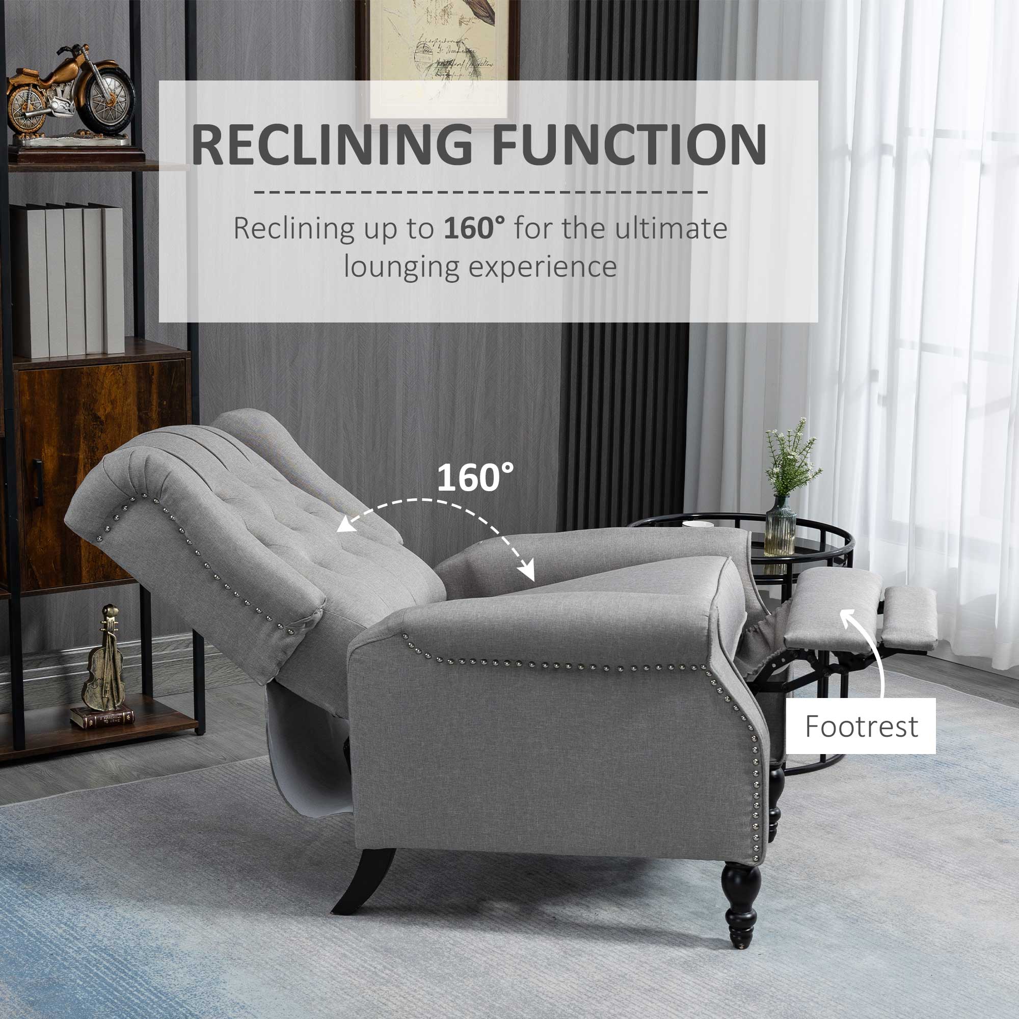 HOMCOM Push Back Recliner Chair, Fabric Reclining Chair, Tufted Wingback Chair with Nail Head Trim, Footrest, Solid Wood Legs for Living Room, Light Grey
