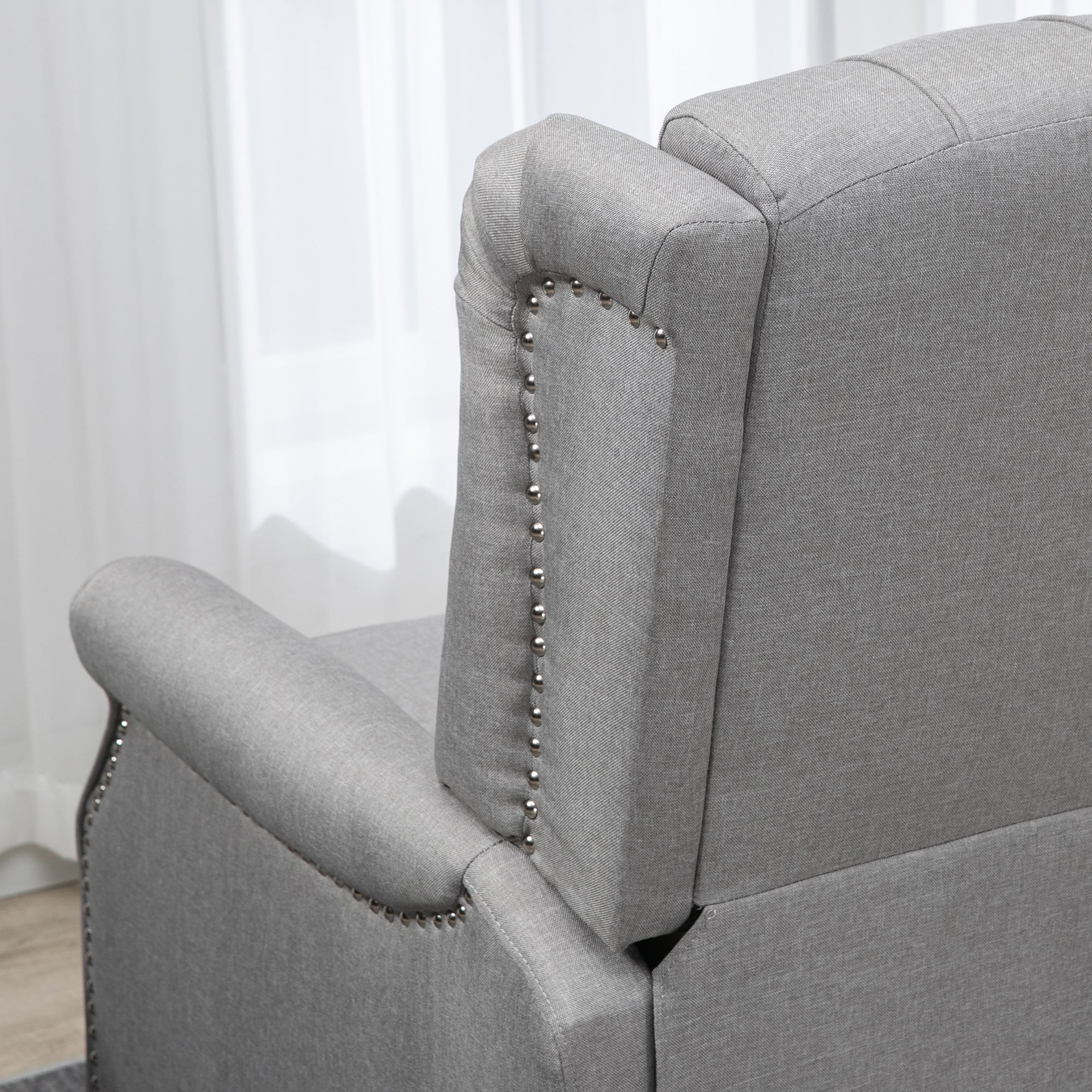 HOMCOM Push Back Recliner Chair, Fabric Reclining Chair, Tufted Wingback Chair with Nail Head Trim, Footrest, Solid Wood Legs for Living Room, Light Grey