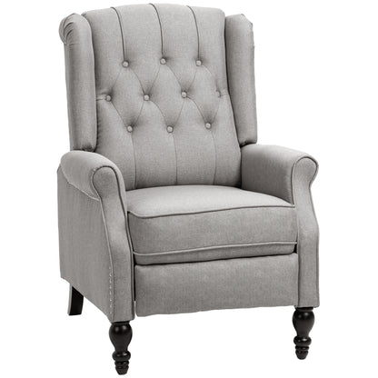 HOMCOM Push Back Recliner Chair, Fabric Reclining Chair, Tufted Wingback Chair with Nail Head Trim, Footrest, Solid Wood Legs for Living Room, Light Grey