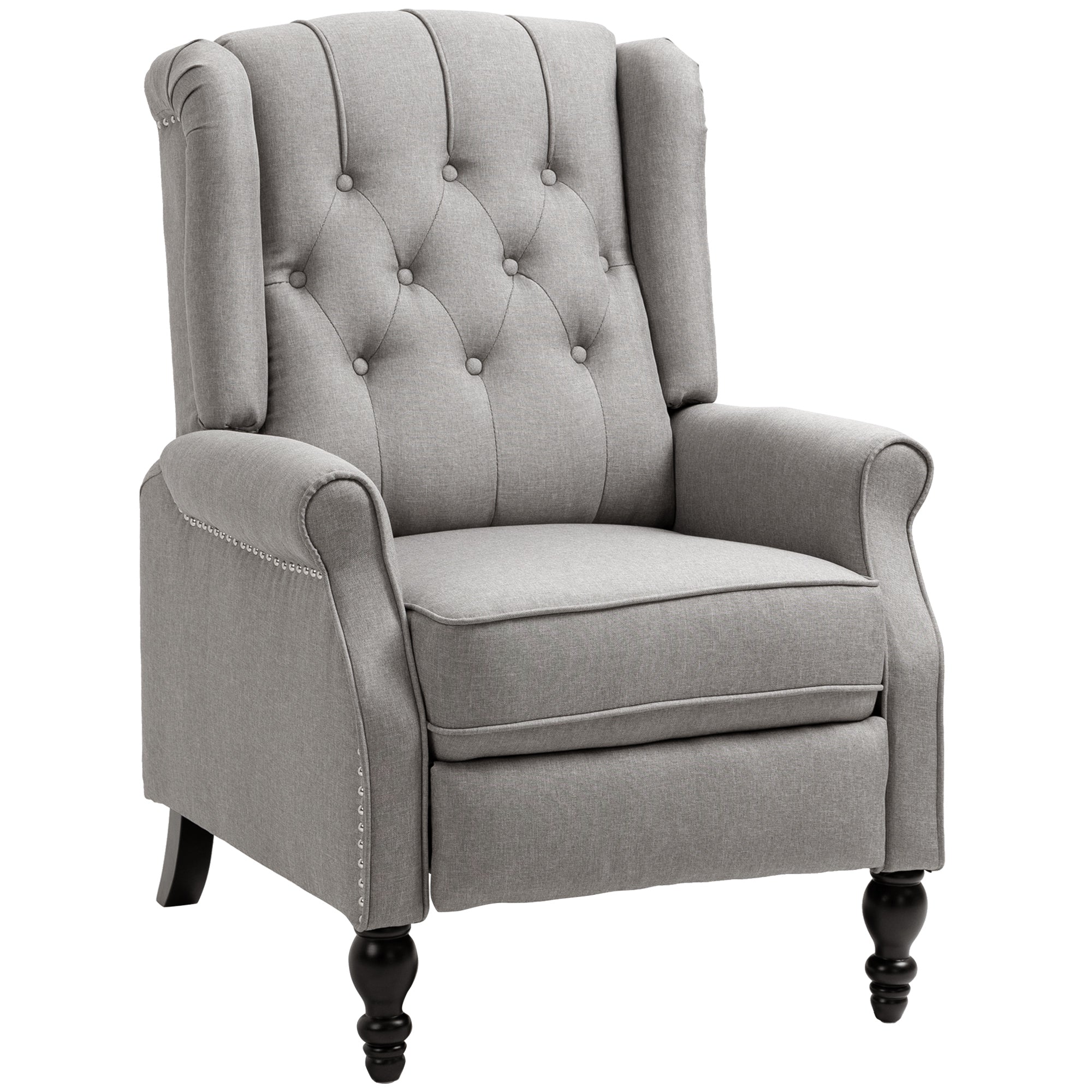 HOMCOM Push Back Recliner Chair, Fabric Reclining Chair, Tufted Wingback Chair with Nail Head Trim, Footrest, Solid Wood Legs for Living Room, Light Grey